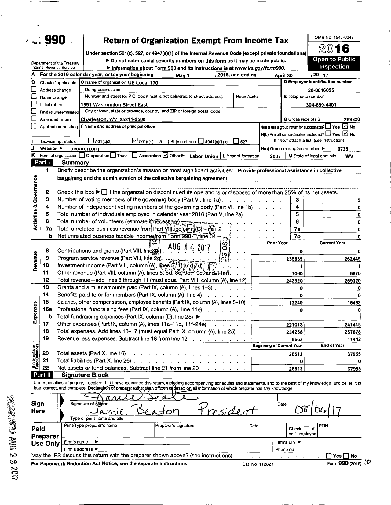 Image of first page of 2016 Form 990O for United Electrical Radio and Machine Workers of America - 170 Local