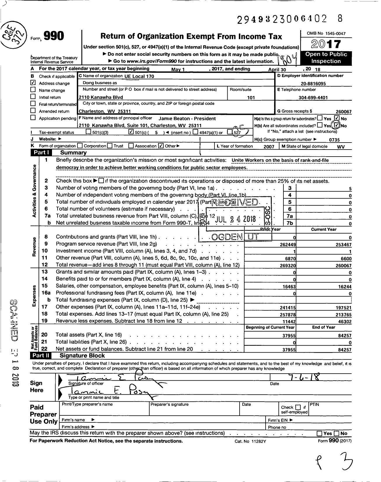 Image of first page of 2017 Form 990O for United Electrical Radio and Machine Workers of America - 170 Local