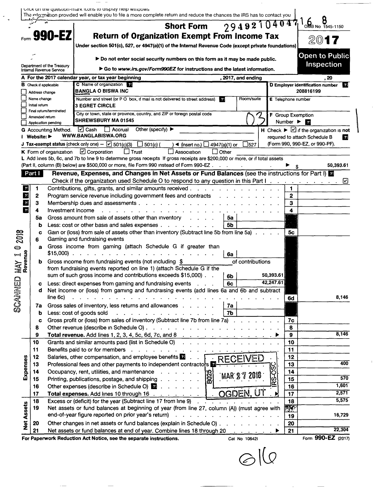 Image of first page of 2017 Form 990EZ for Bangla-O-Biswa