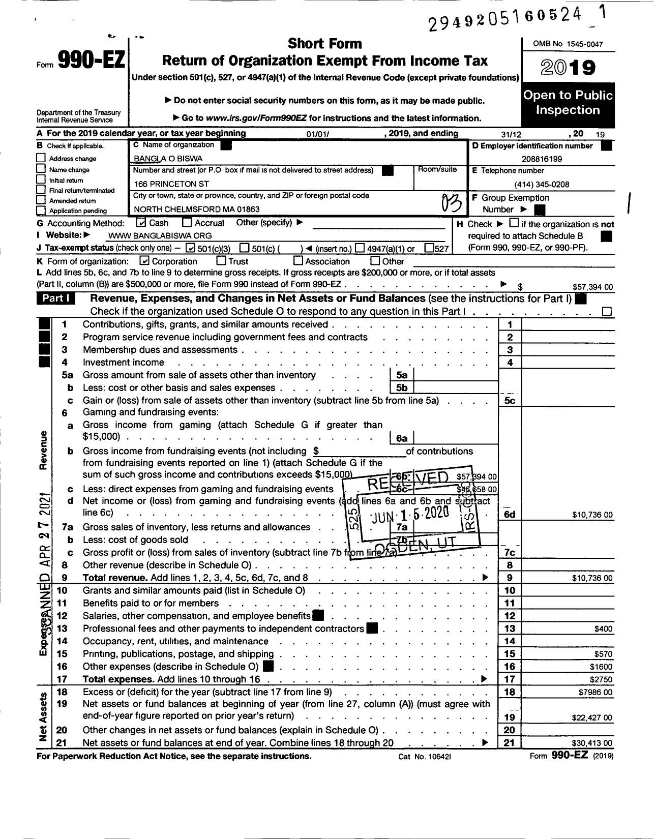 Image of first page of 2019 Form 990EZ for Bangla-O-Biswa