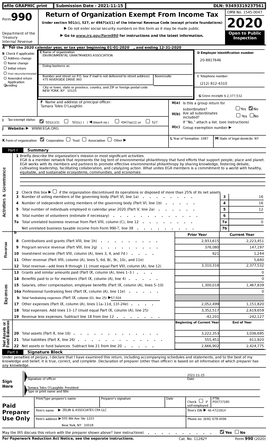 Image of first page of 2020 Form 990 for Environmental Grantmakers Association (EGA)
