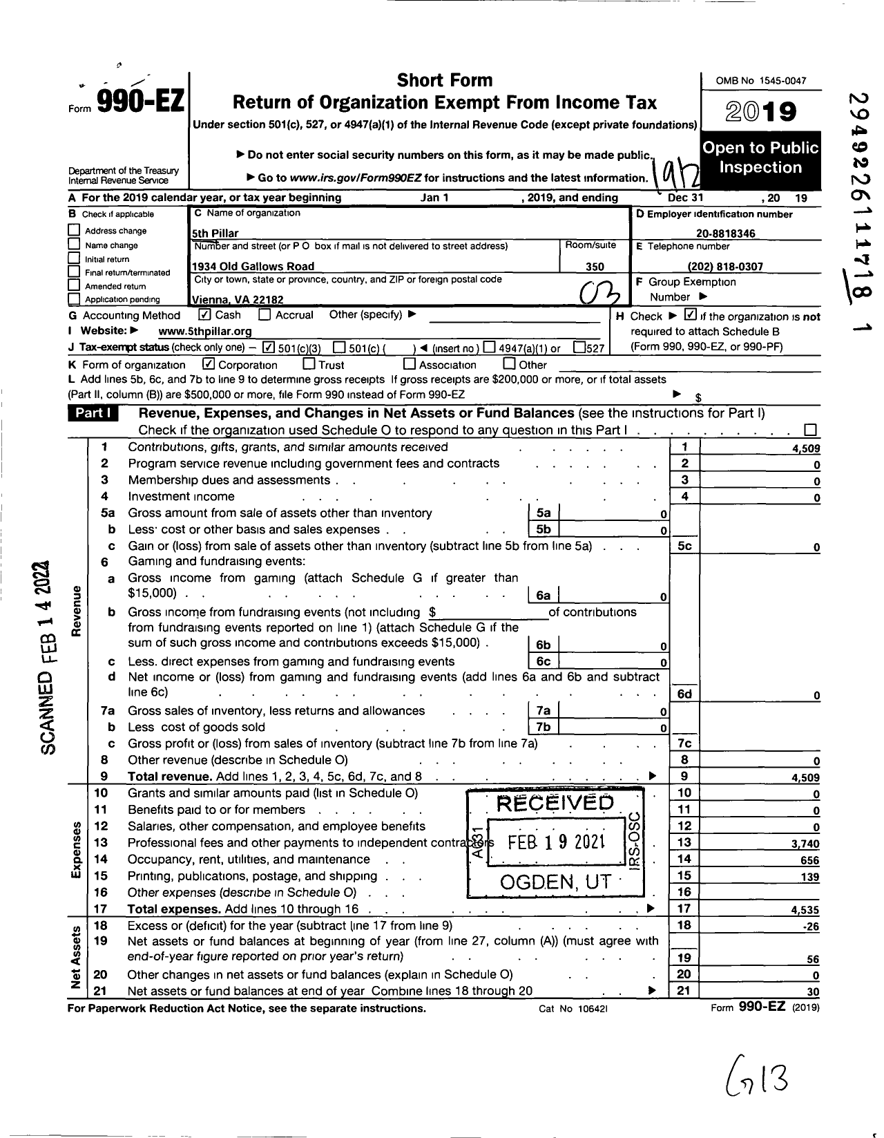 Image of first page of 2019 Form 990EZ for 5th Pillar