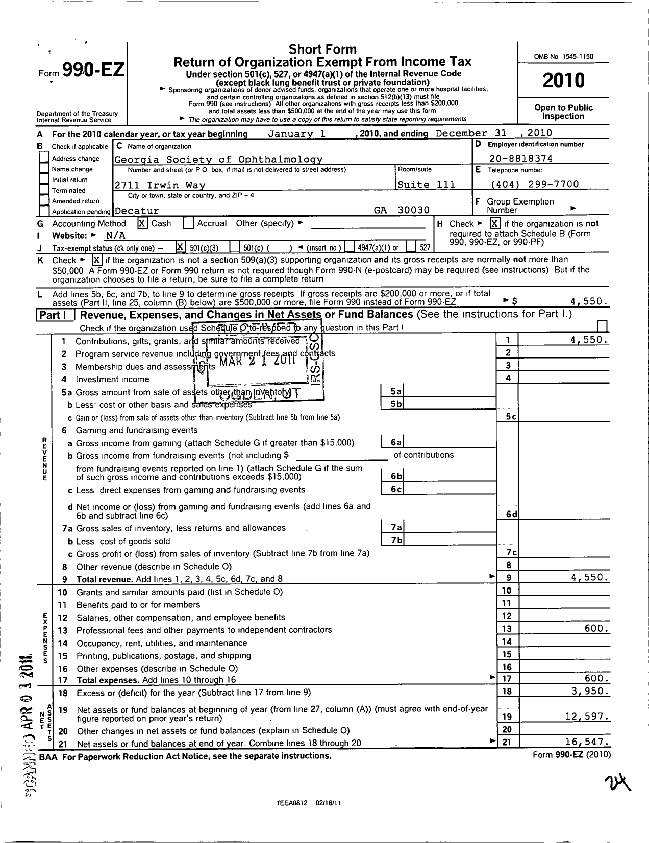 Image of first page of 2010 Form 990EZ for Georgia Society of Ophthalmology Foundation