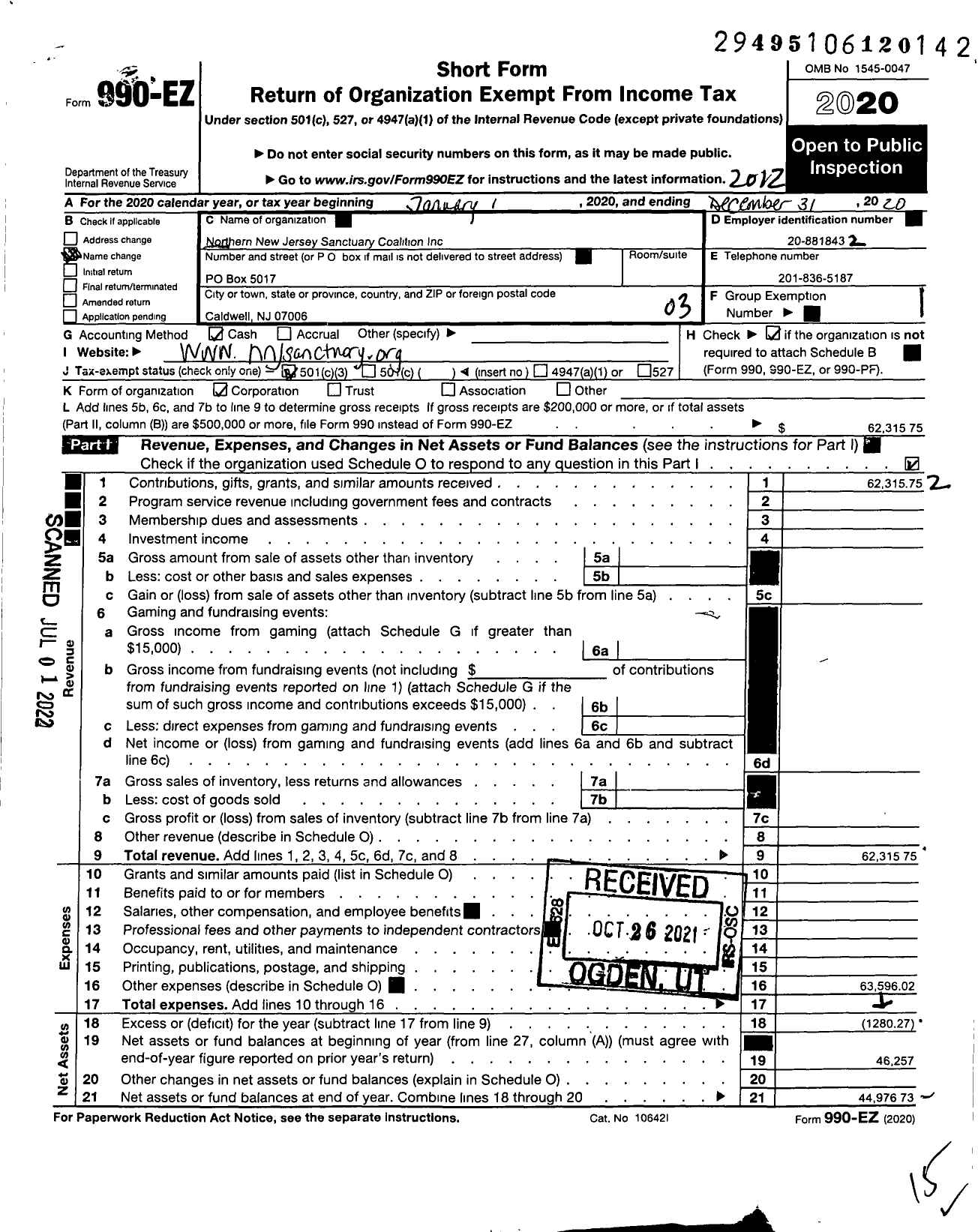 Image of first page of 2020 Form 990EZ for Northern New Jersey Sanctuary