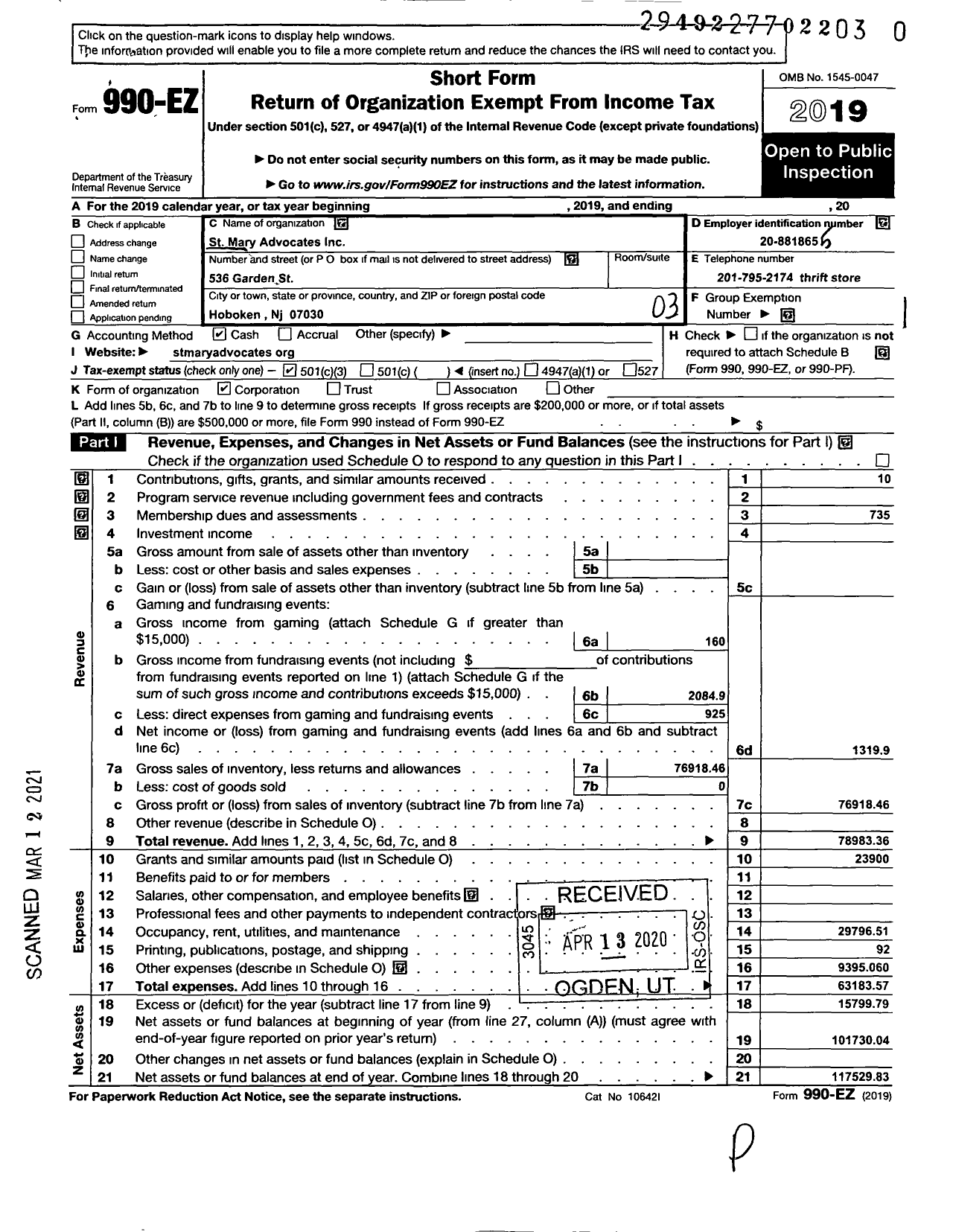 Image of first page of 2019 Form 990EZ for St Mary Advocates