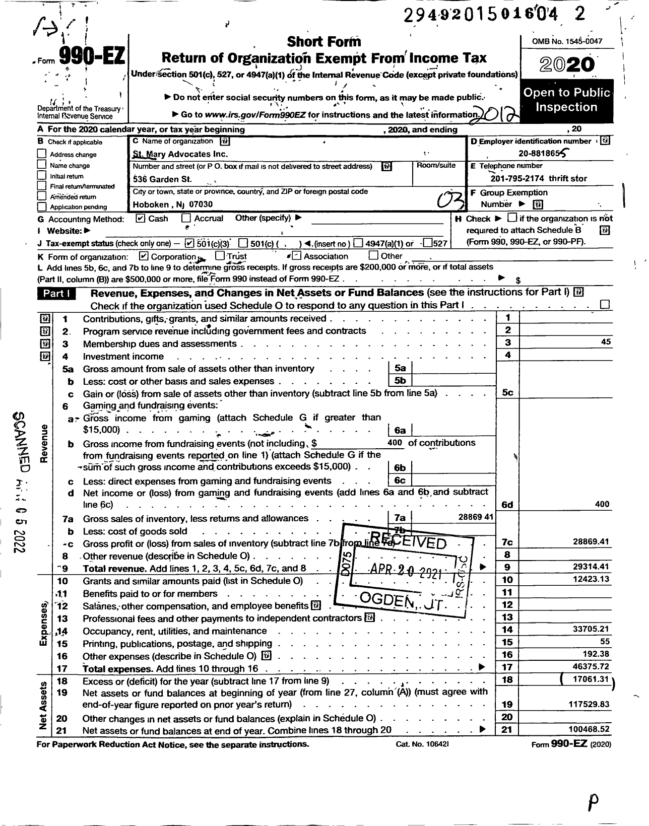 Image of first page of 2020 Form 990EZ for St Mary Advocates