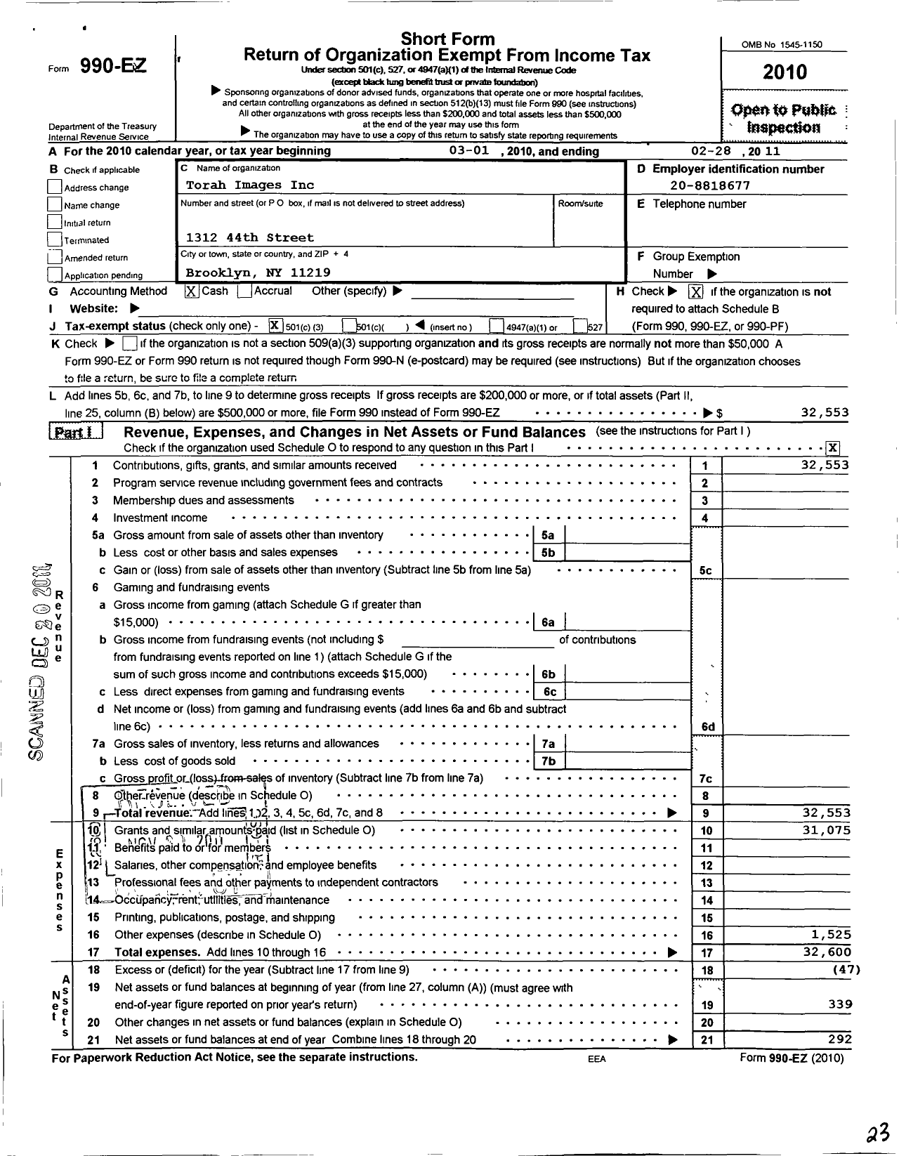 Image of first page of 2010 Form 990EZ for Torah Images