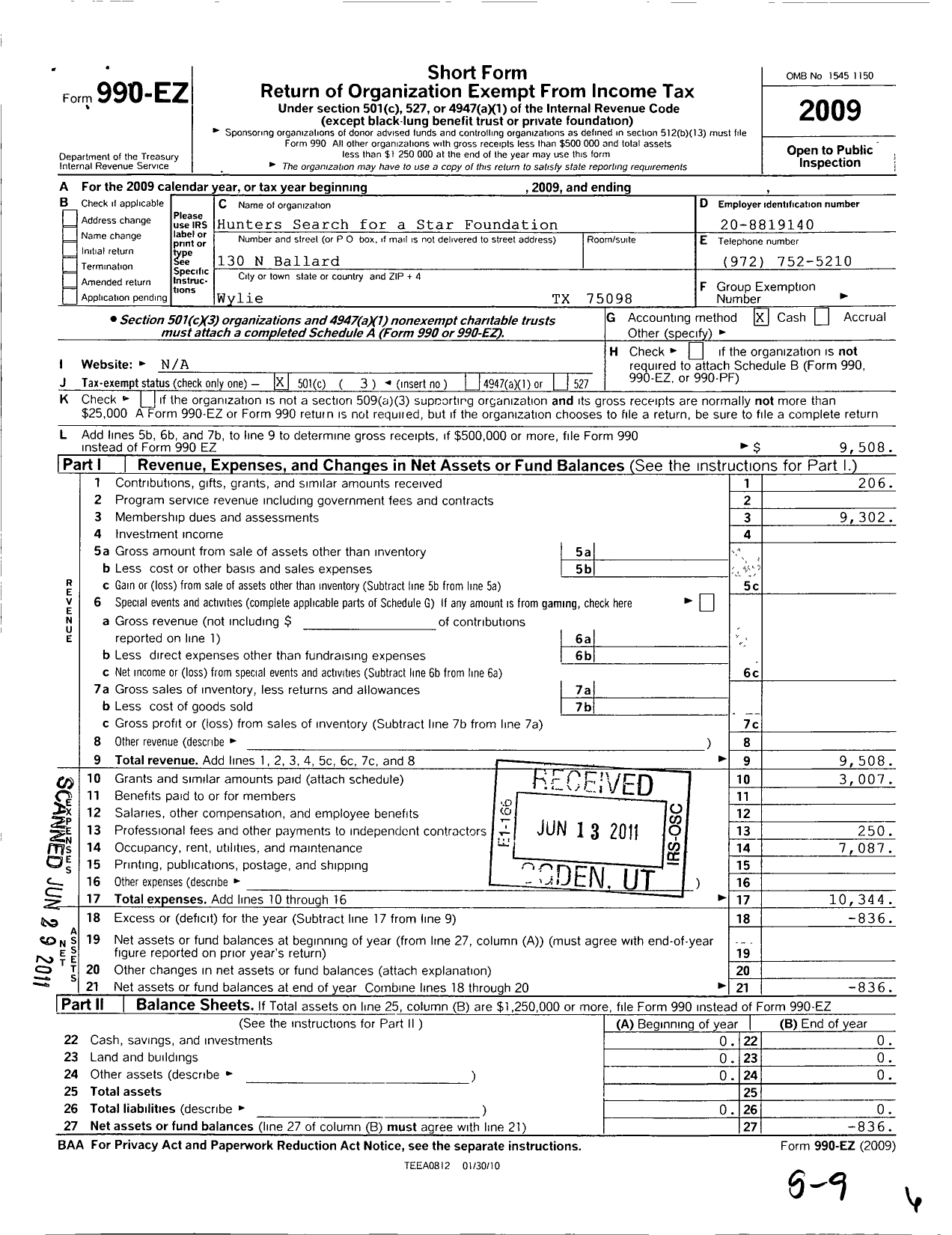 Image of first page of 2009 Form 990EZ for Hunters Search for A Star