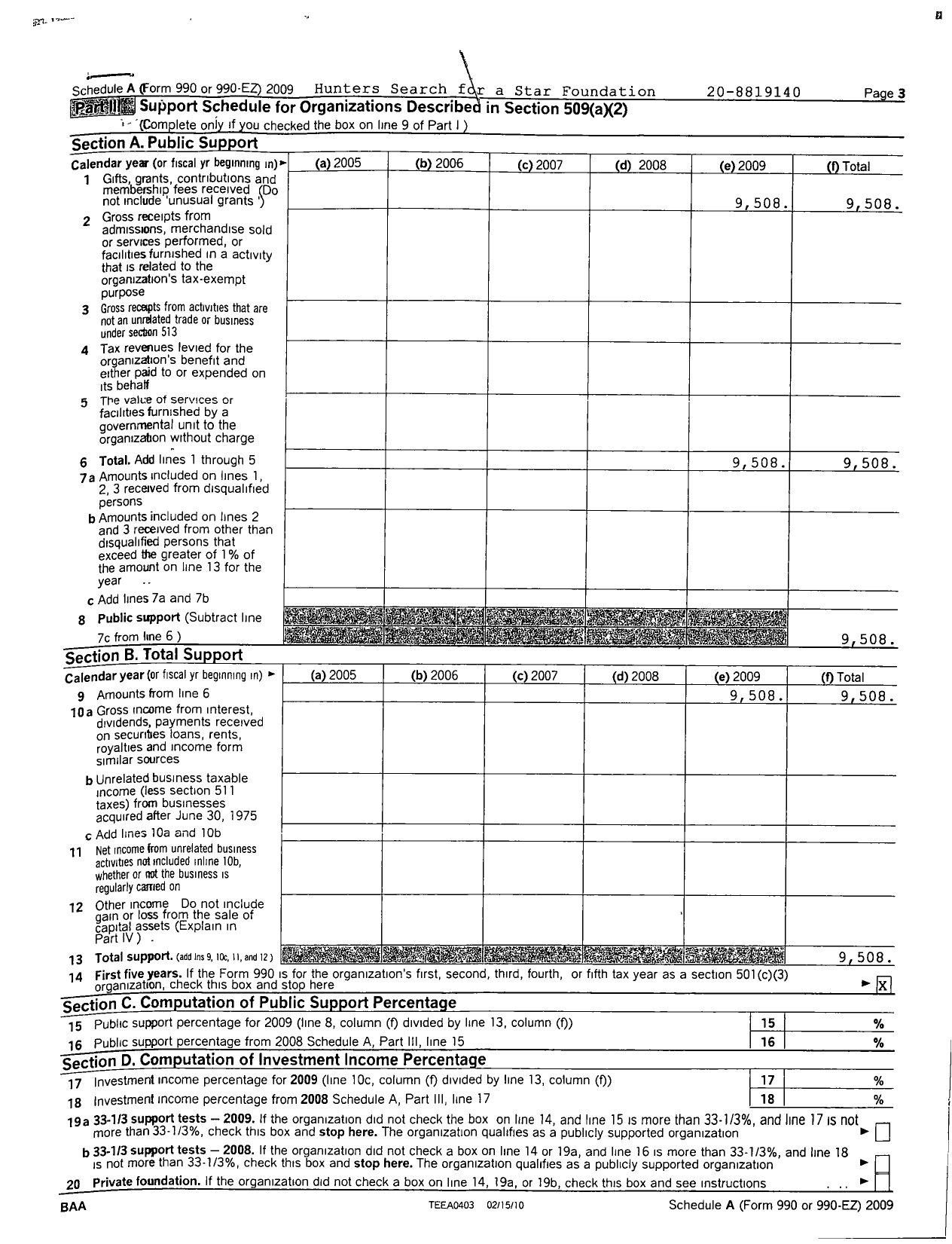 Image of first page of 2009 Form 990ER for Hunters Search for A Star