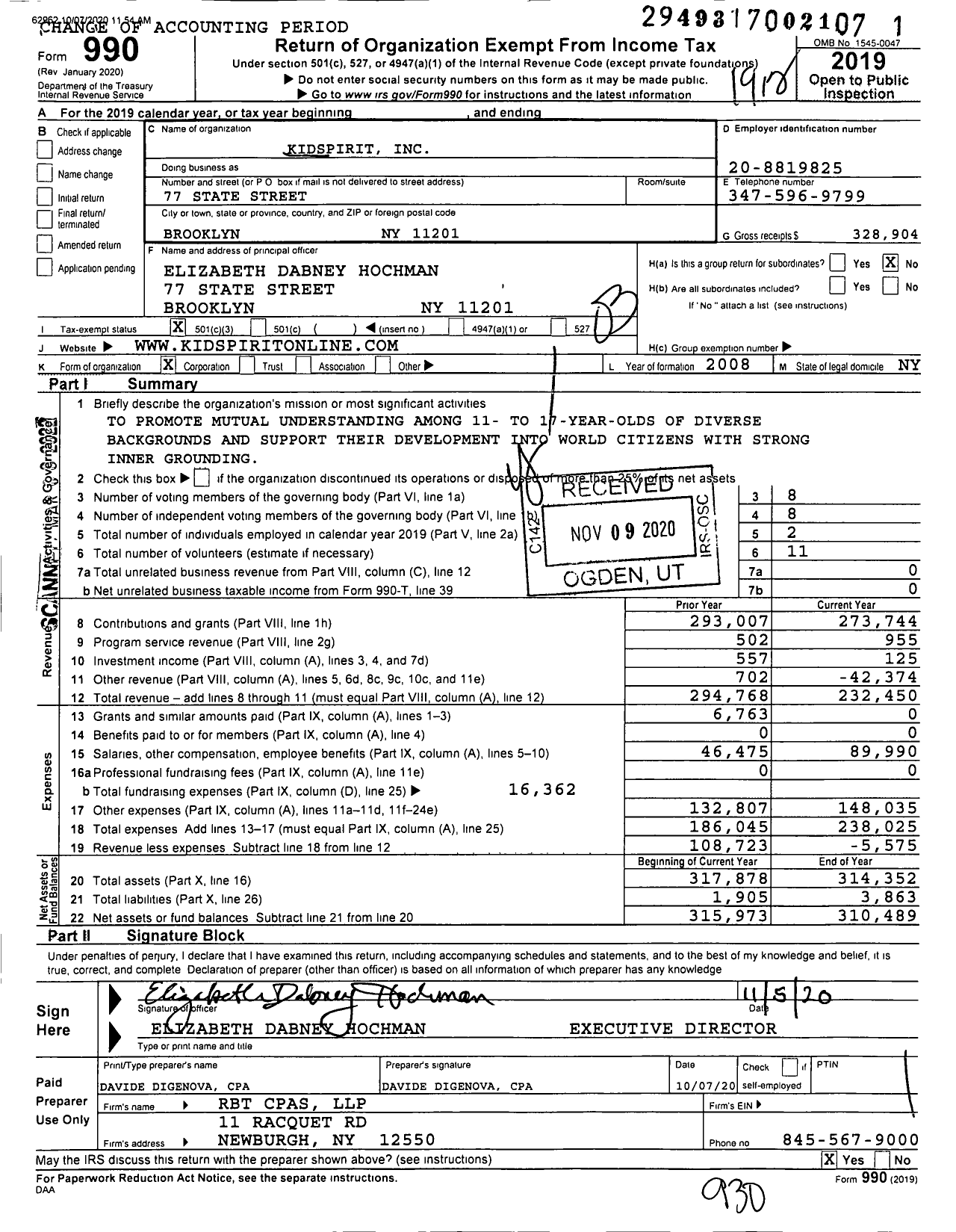 Image of first page of 2019 Form 990 for KidSpirit