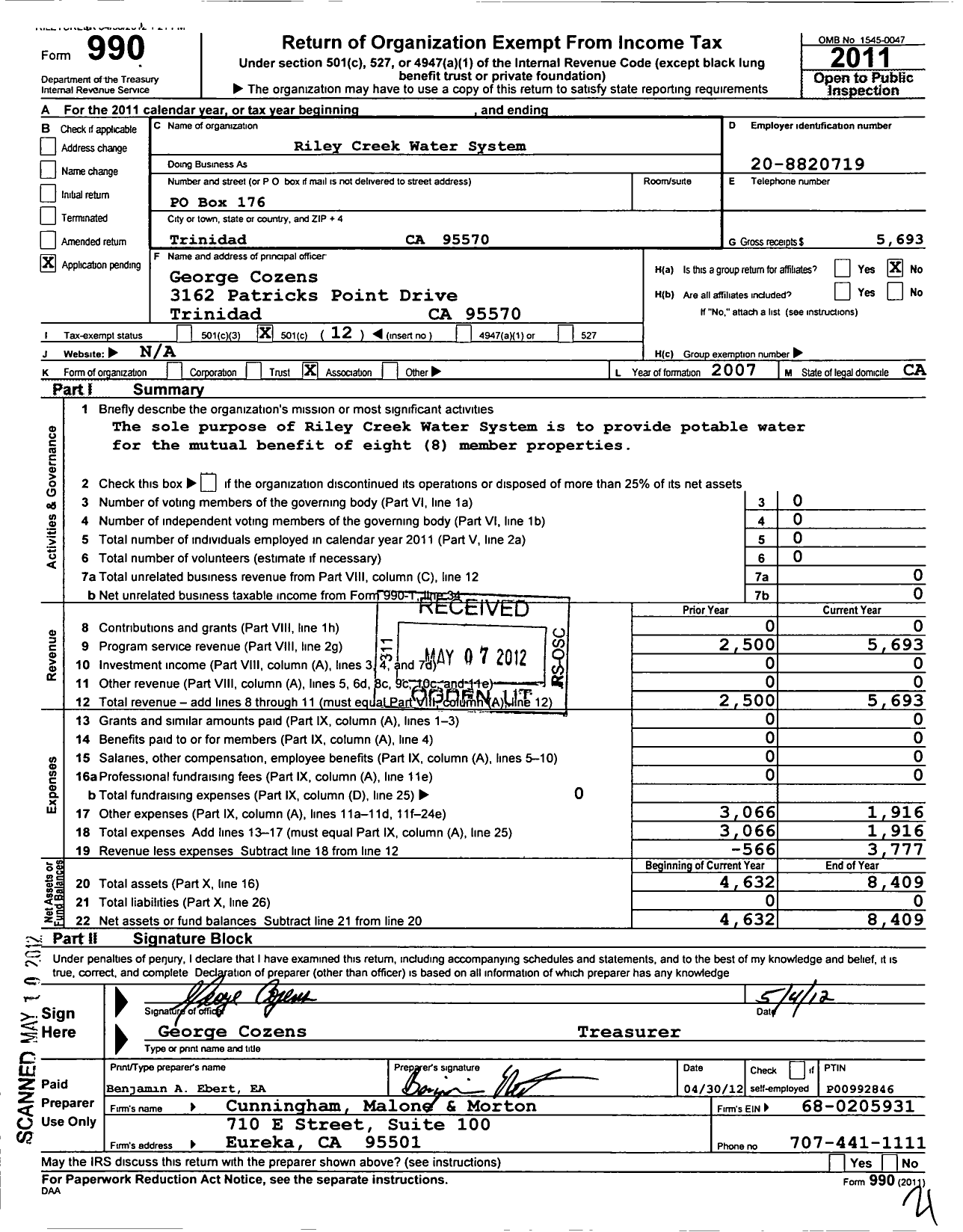 Image of first page of 2011 Form 990O for Riley Creek Water System