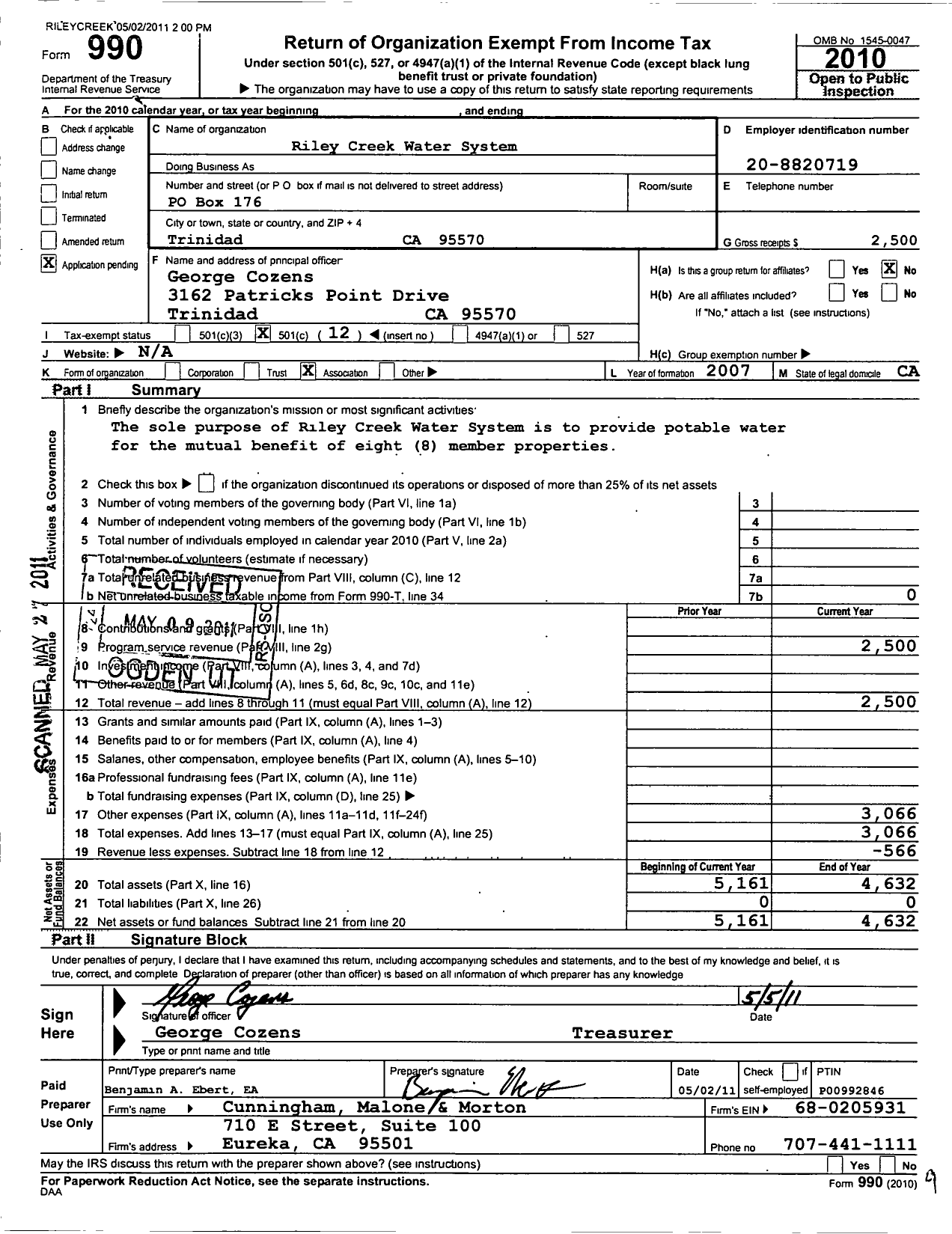 Image of first page of 2010 Form 990O for Riley Creek Water System