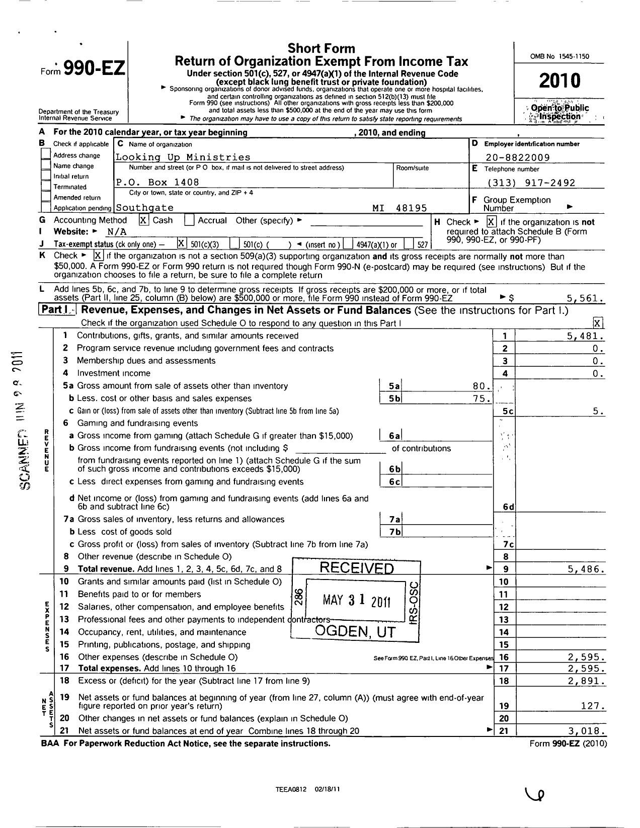 Image of first page of 2010 Form 990EZ for Looking Up Ministries