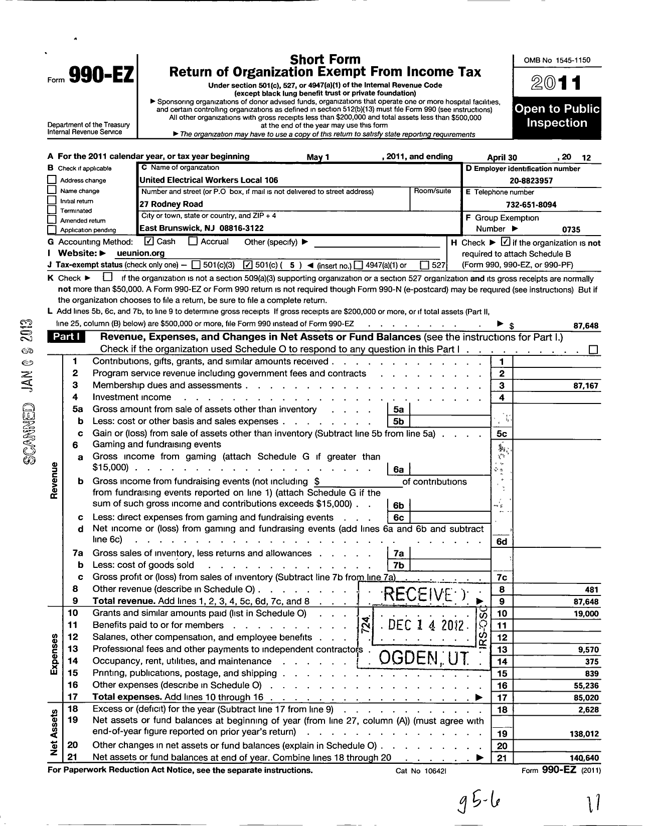 Image of first page of 2011 Form 990EO for United Electrical Radio and Machine Workers of America - 106 Ue Local