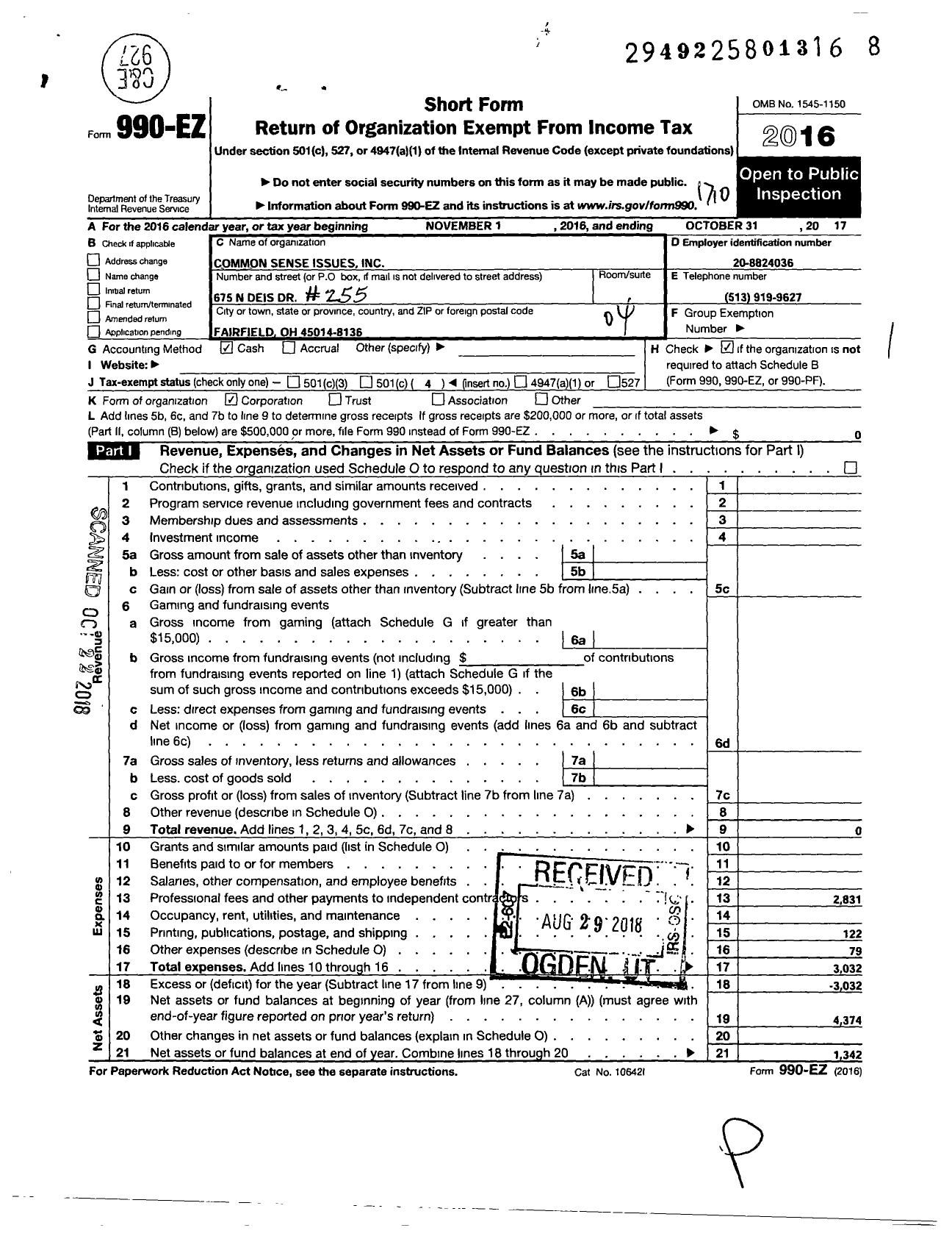 Image of first page of 2016 Form 990EO for Common Sense Issues