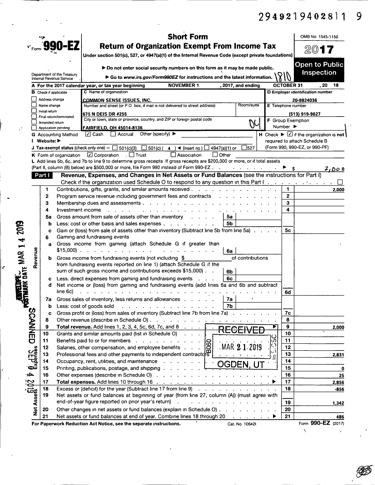 Image of first page of 2017 Form 990EO for Common Sense Issues