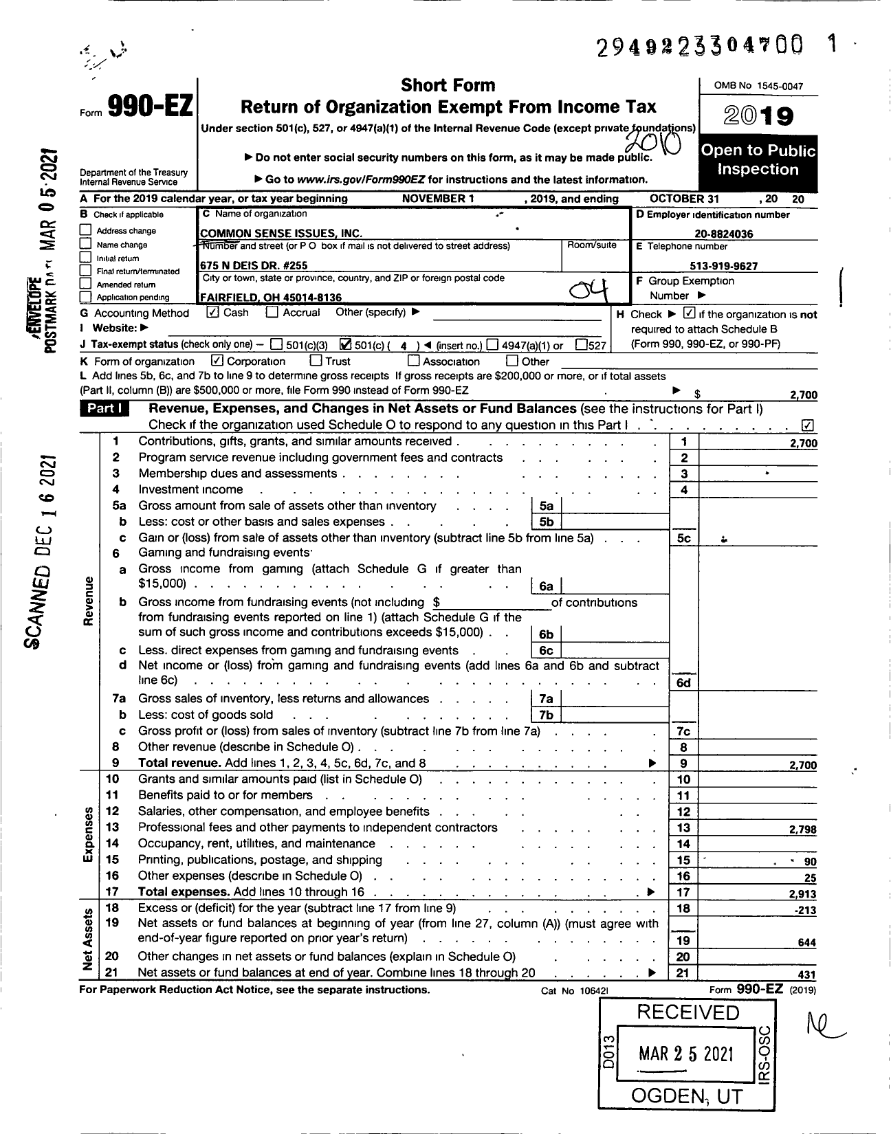 Image of first page of 2019 Form 990EO for Common Sense Issues