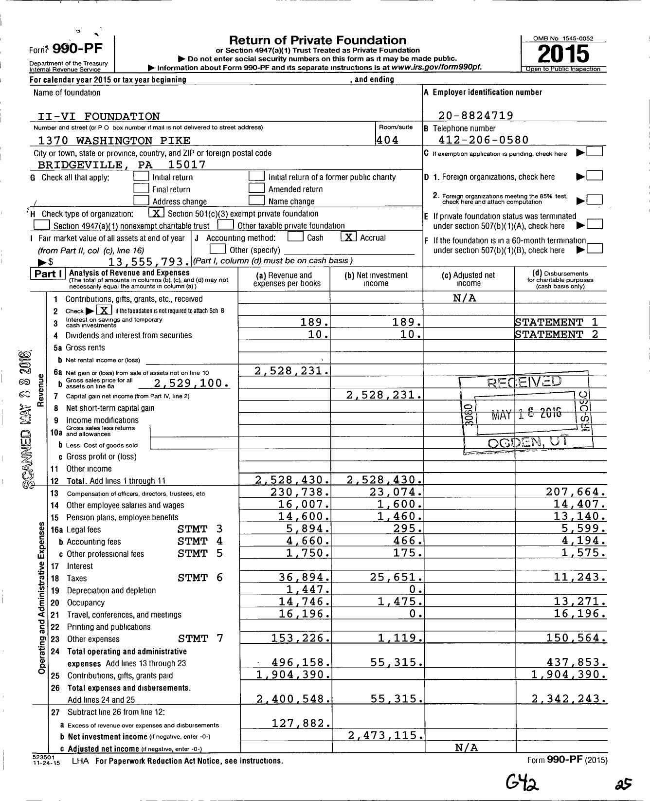 Image of first page of 2015 Form 990PF for Coherent Ii-Vi Foundation