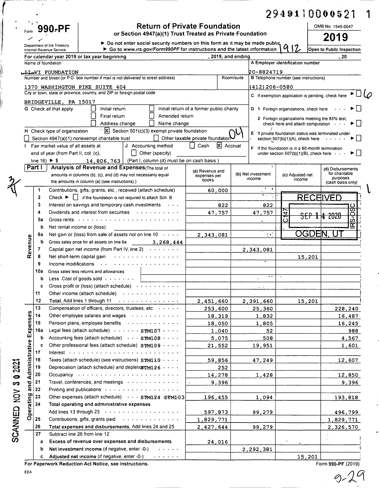 Image of first page of 2019 Form 990PF for Coherent Ii-Vi Foundation