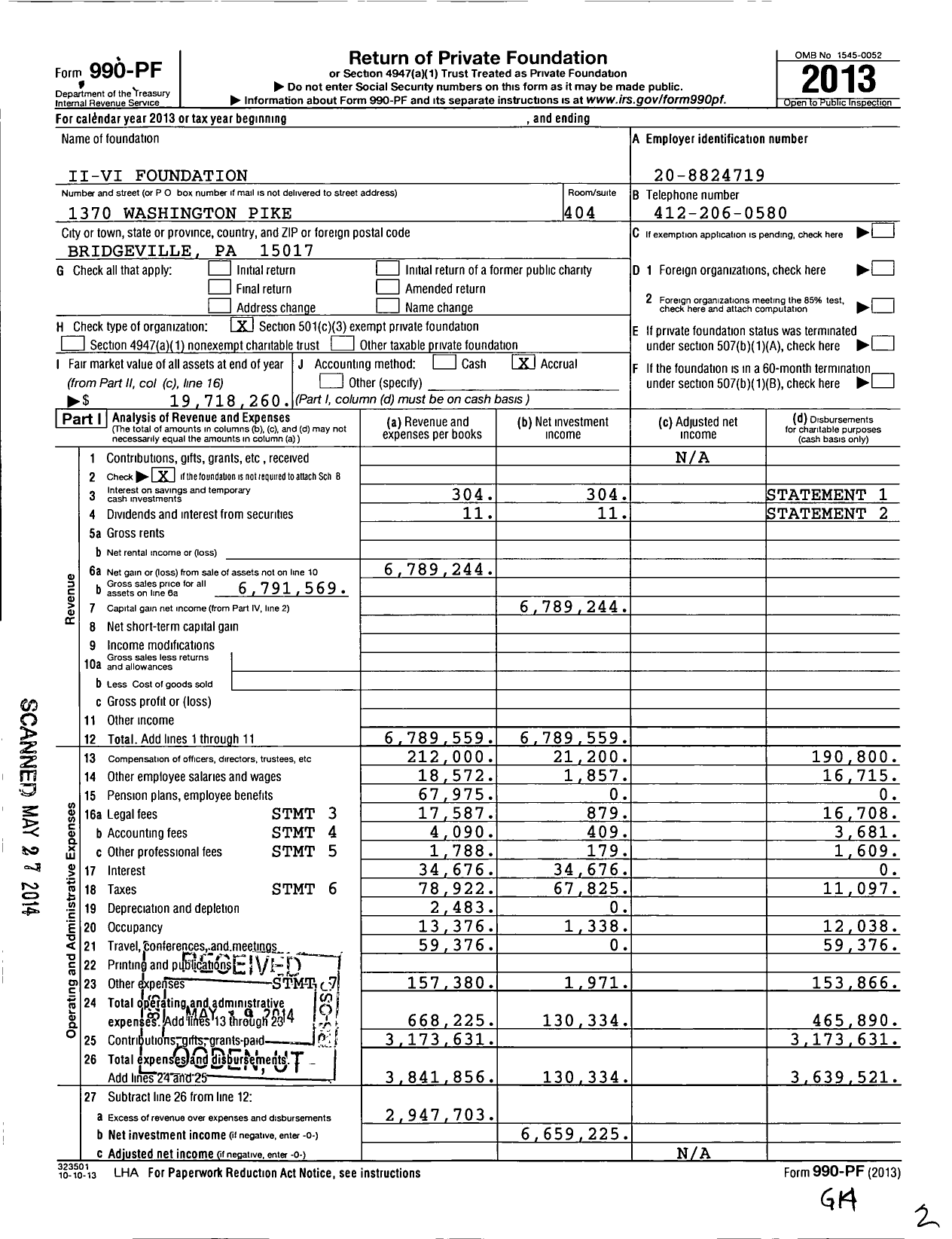 Image of first page of 2013 Form 990PF for Coherent Ii-Vi Foundation