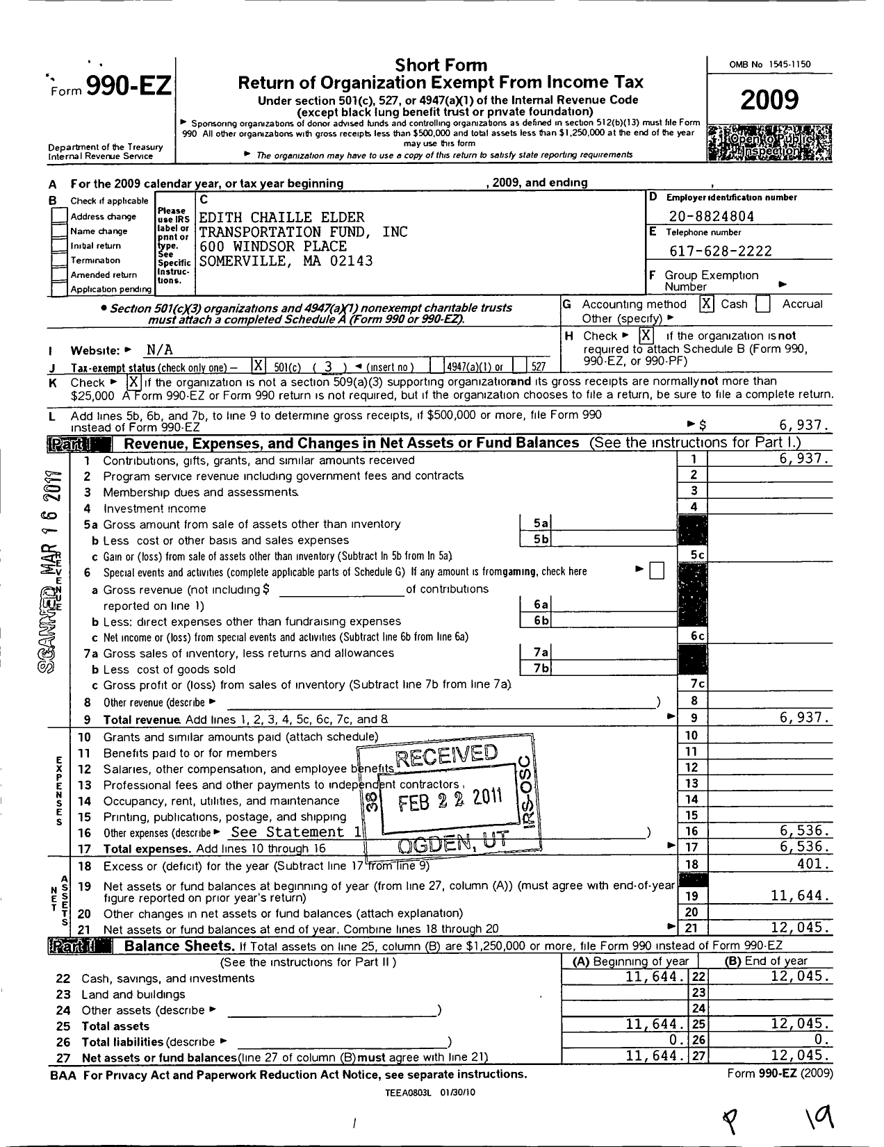 Image of first page of 2009 Form 990EZ for Edith Chaille Elder Transportationfund