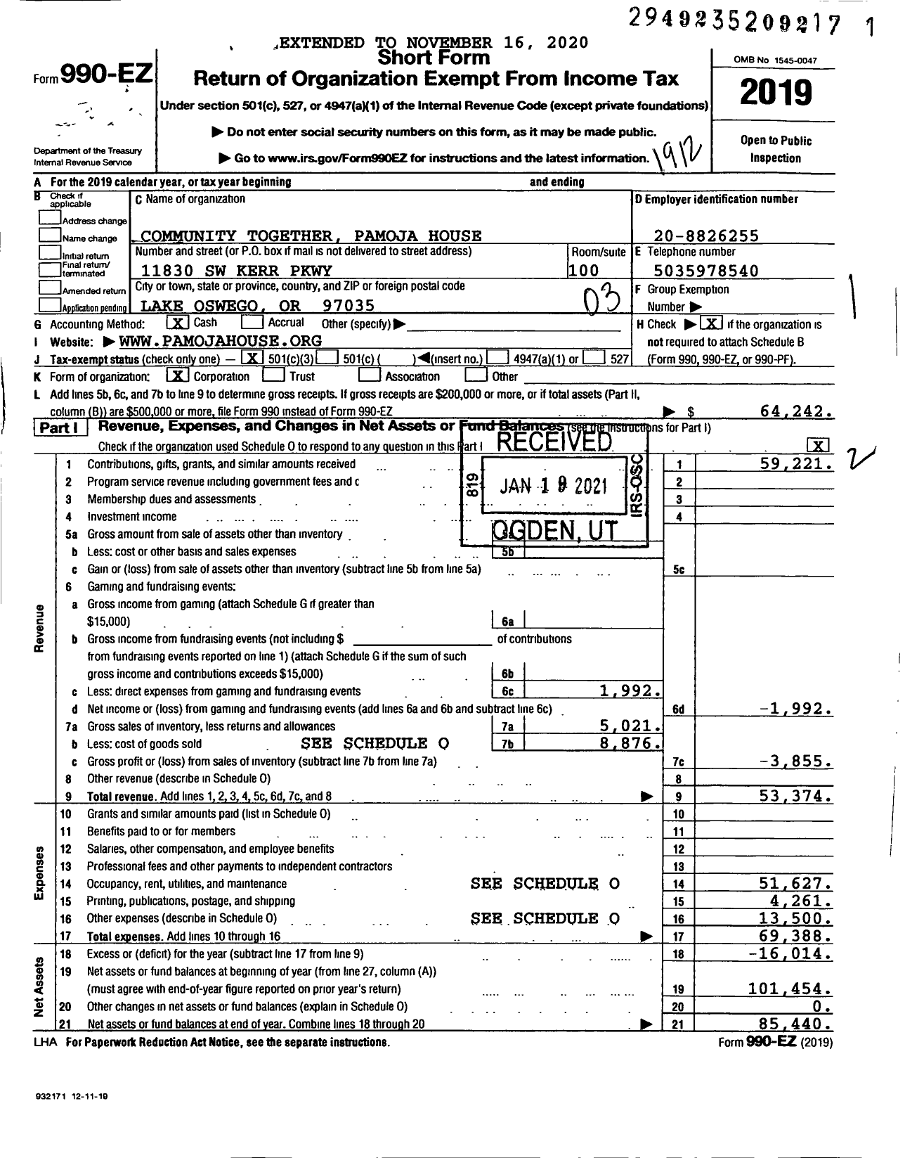 Image of first page of 2019 Form 990EZ for Community Together Pamoja House