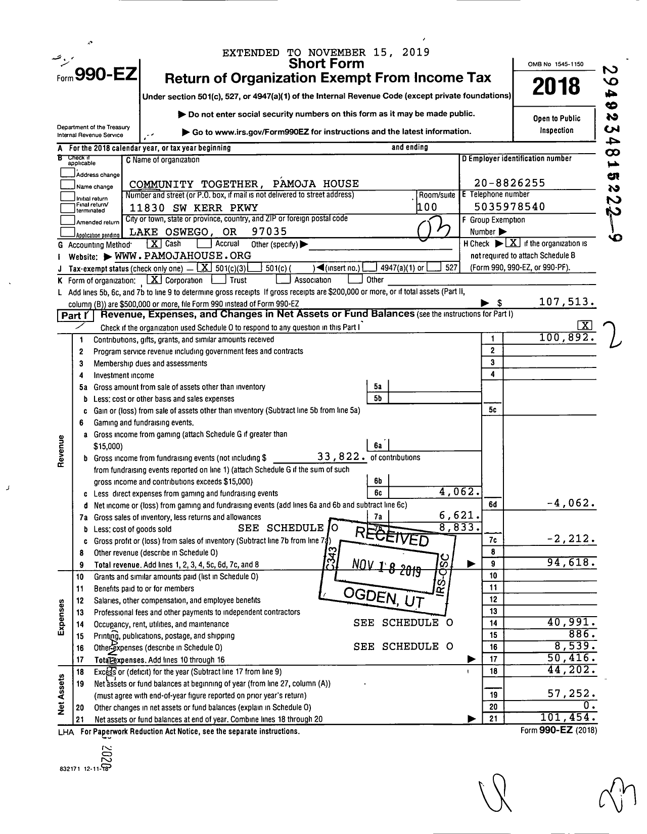 Image of first page of 2018 Form 990EZ for Community Together Pamoja House