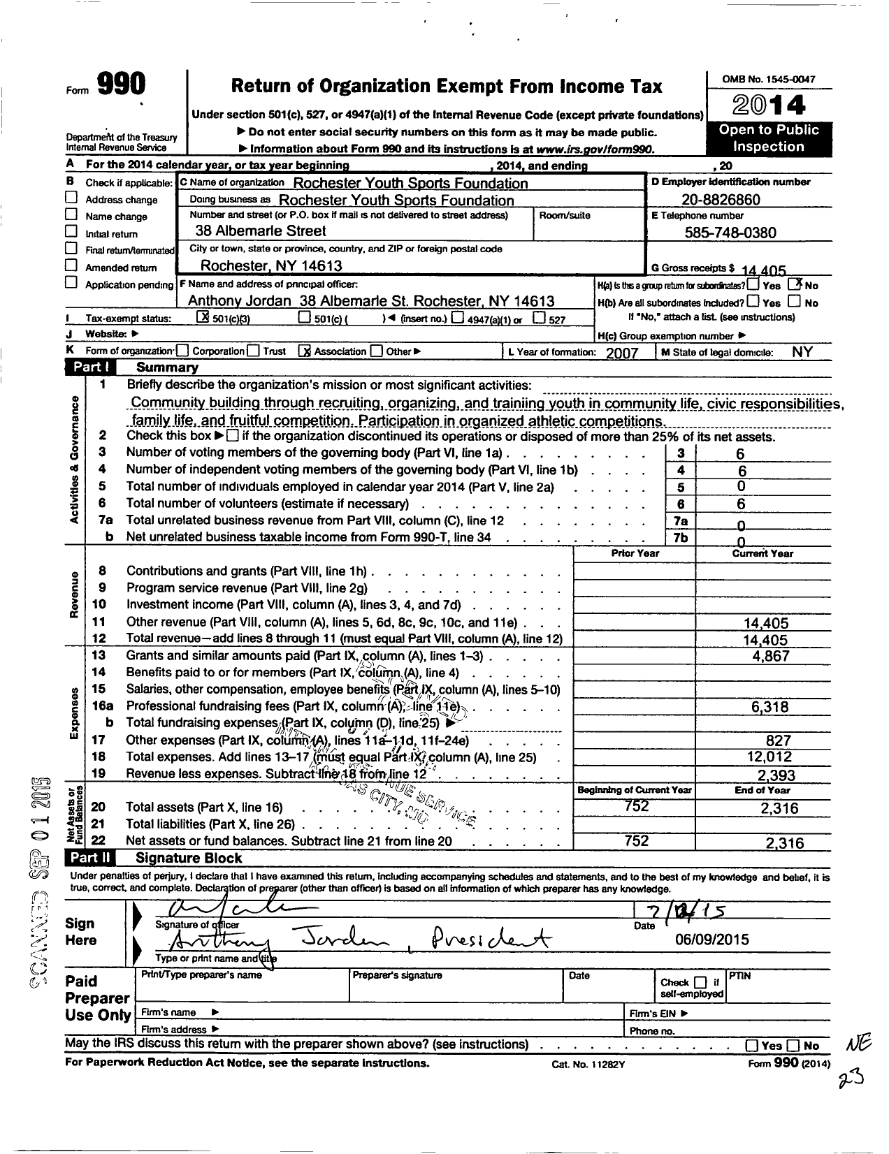 Image of first page of 2014 Form 990 for Tony Jordan Youth Sports Foundation