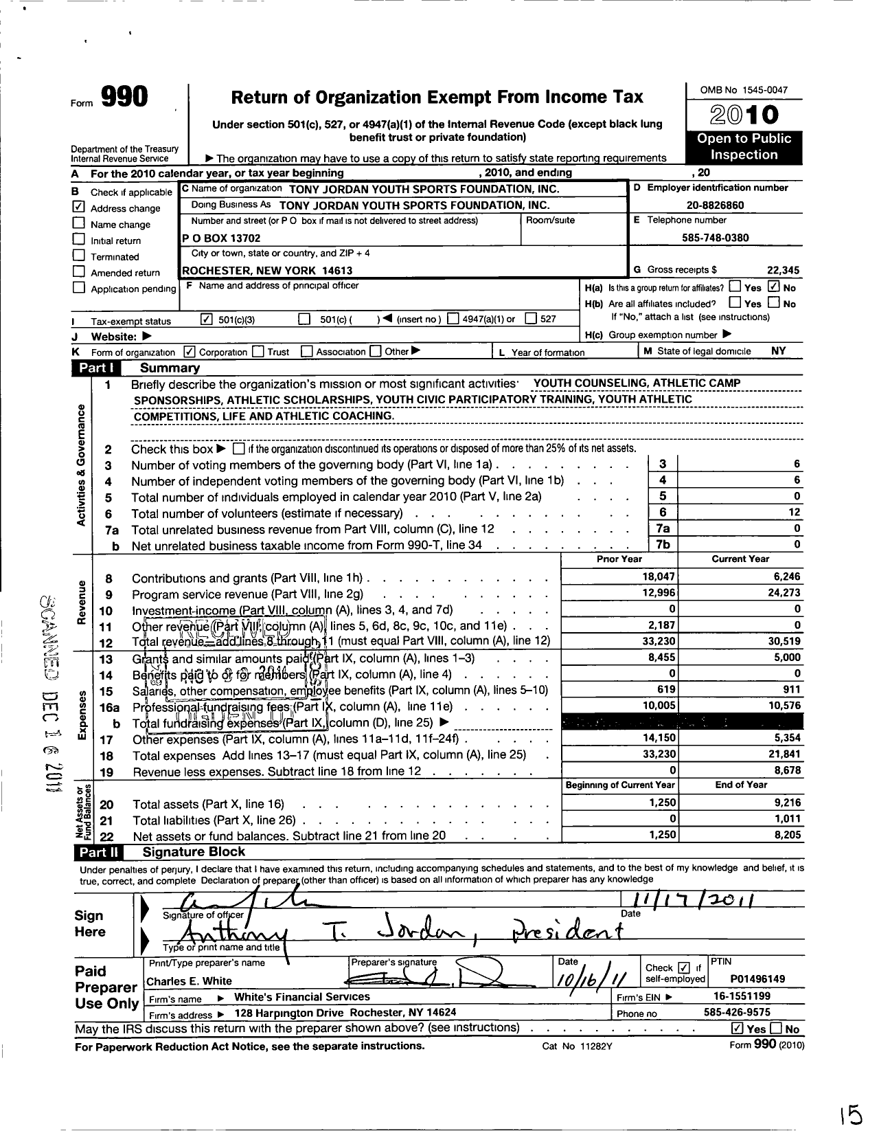 Image of first page of 2010 Form 990 for Tony Jordan Youth Sports Foundation