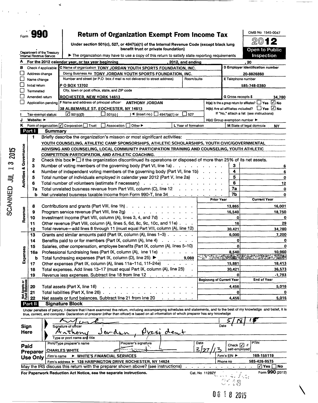 Image of first page of 2012 Form 990 for Tony Jordan Youth Sports Foundation