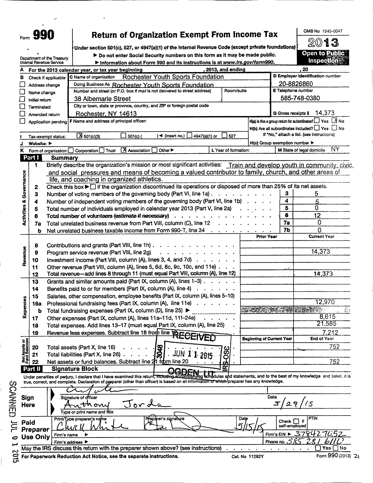 Image of first page of 2013 Form 990 for Tony Jordan Youth Sports Foundation