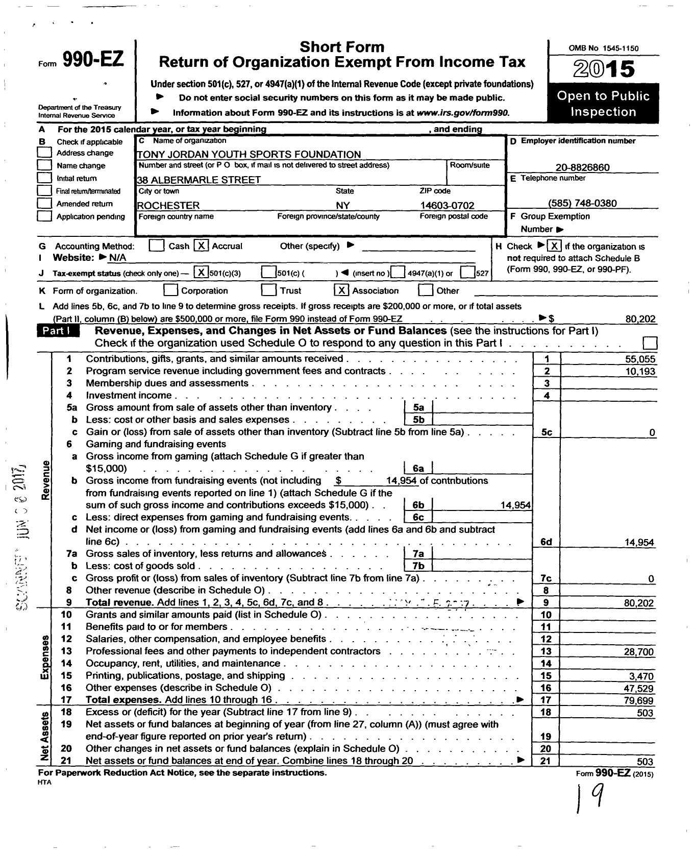 Image of first page of 2015 Form 990EZ for Tony Jordan Youth Sports Foundation