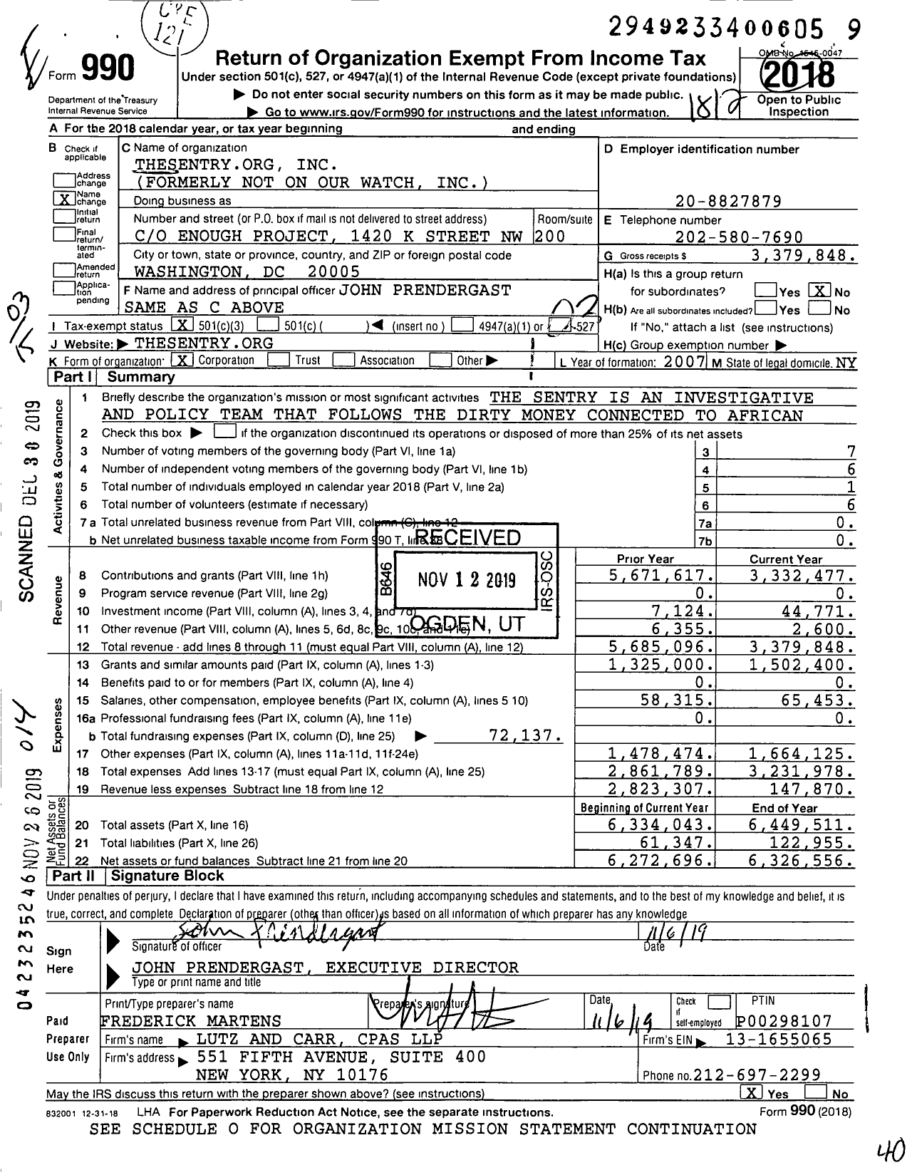 Image of first page of 2018 Form 990 for Thesentryorg