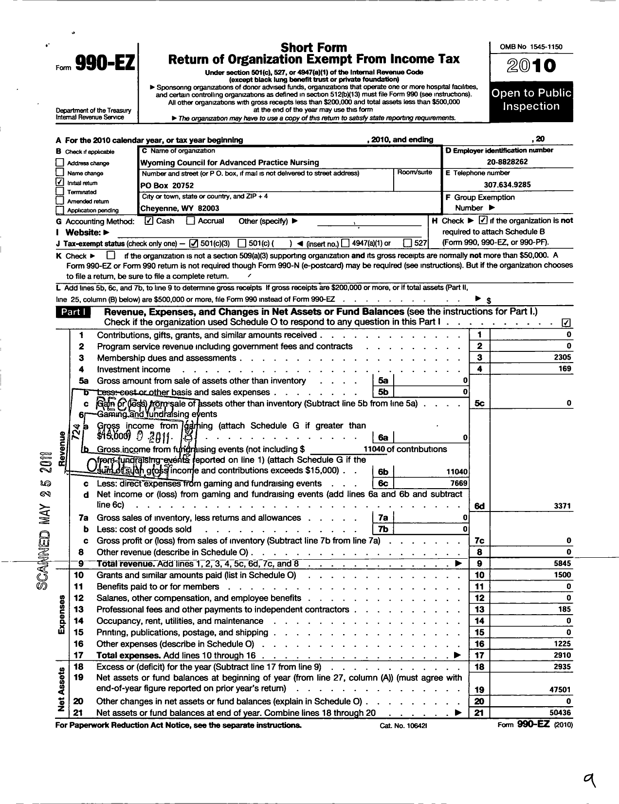 Image of first page of 2010 Form 990EZ for Wyoming Council for Advanced Practice Nursing