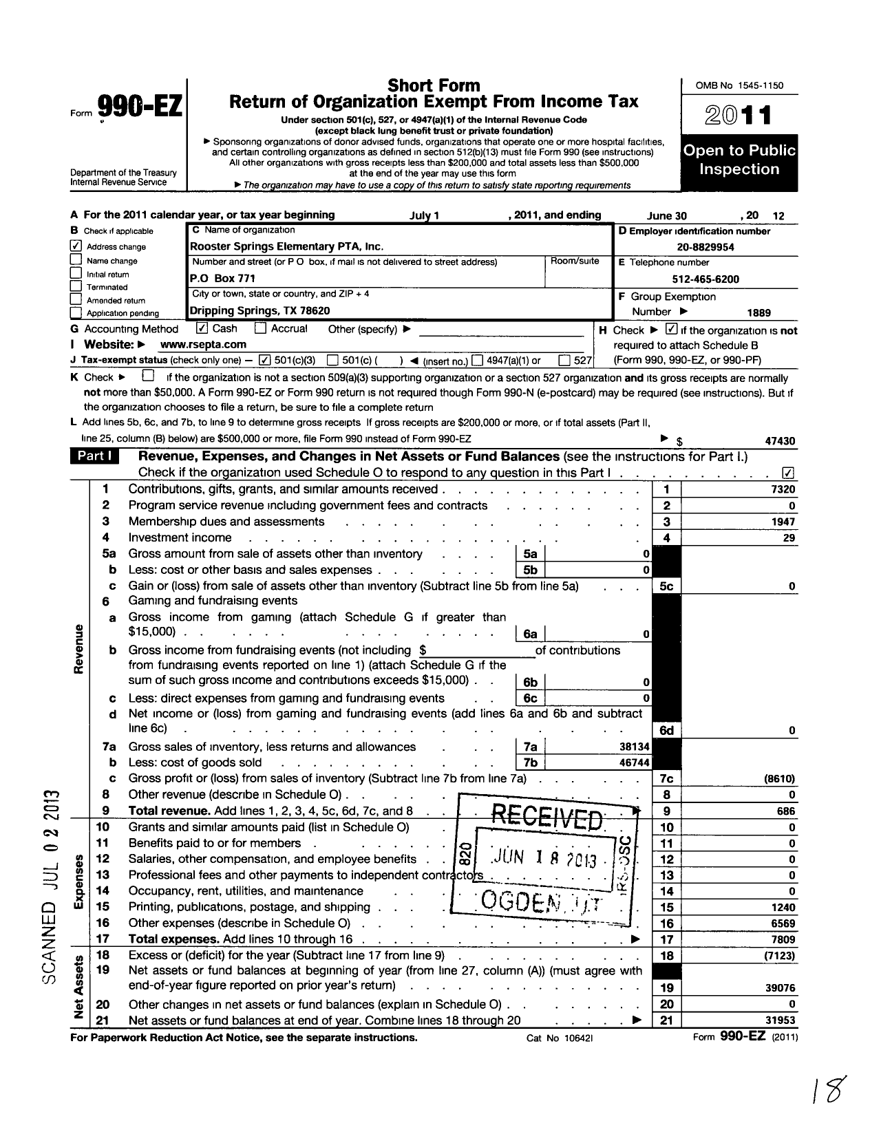 Image of first page of 2011 Form 990EZ for Texas PTA - 11780 Rooster Springs Elem PTA