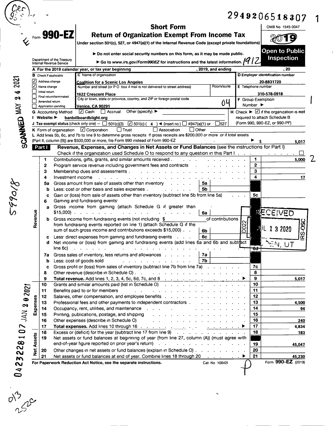 Image of first page of 2019 Form 990EO for Coalition for A Scenic Los Angeles