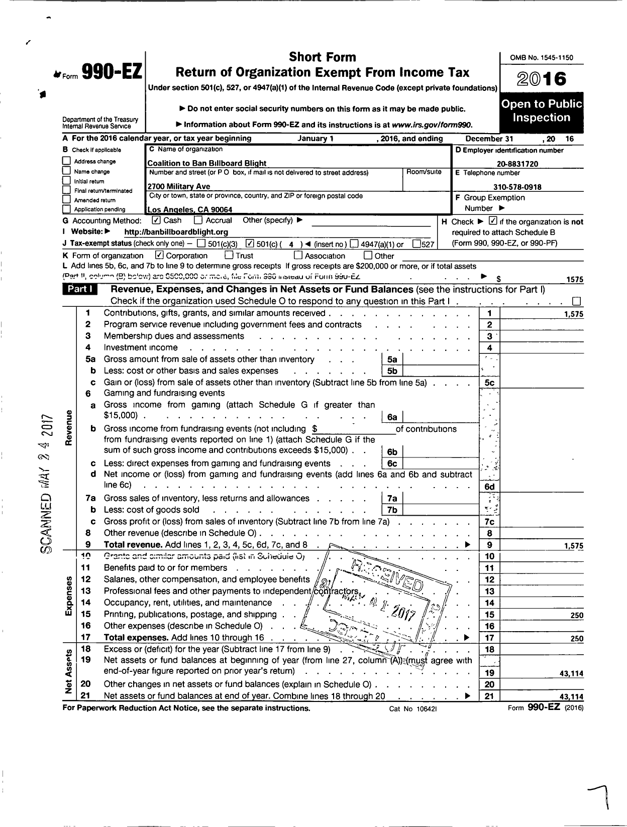 Image of first page of 2016 Form 990EO for Coalition for A Scenic Los Angeles