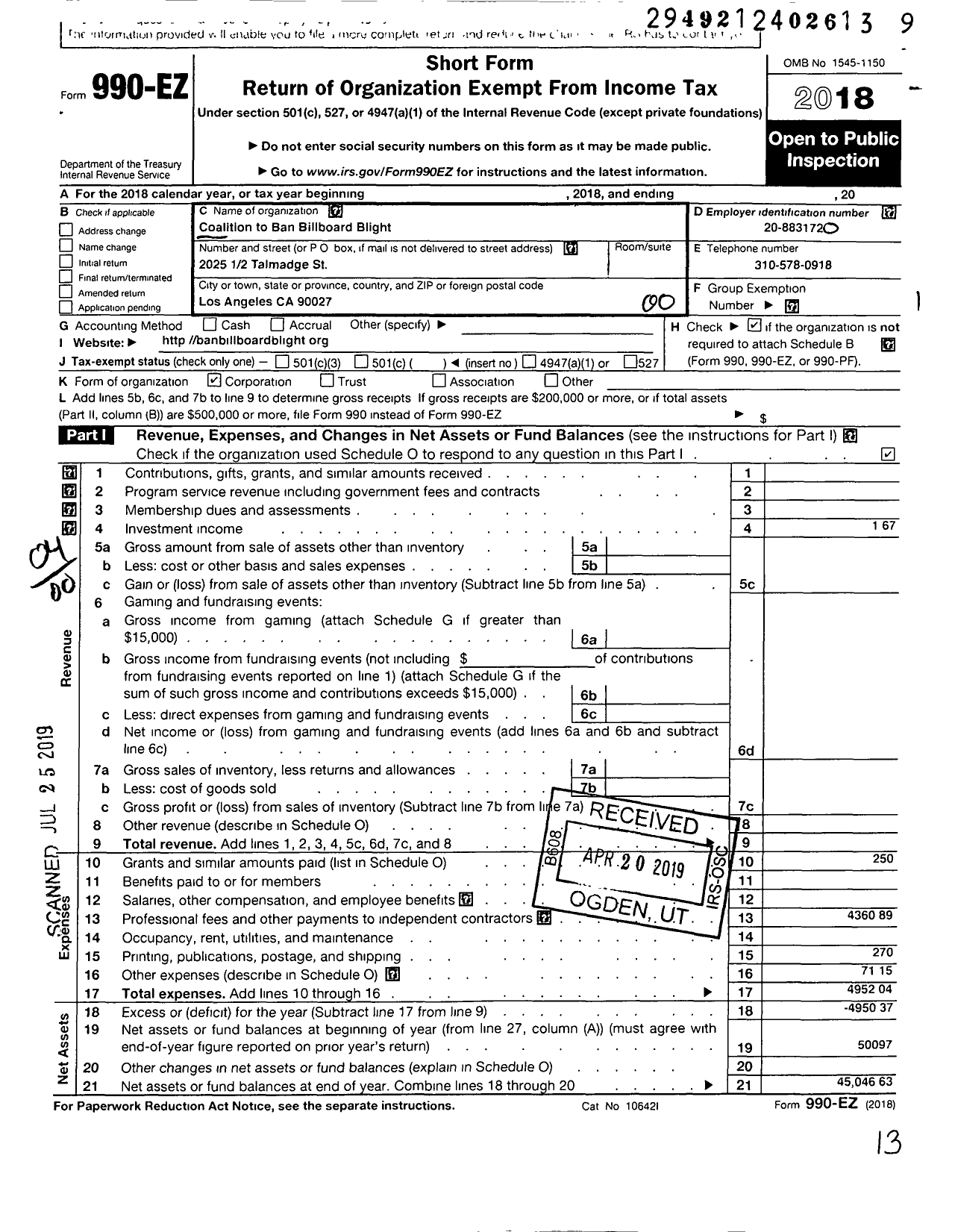 Image of first page of 2018 Form 990EO for Coalition for A Scenic Los Angeles