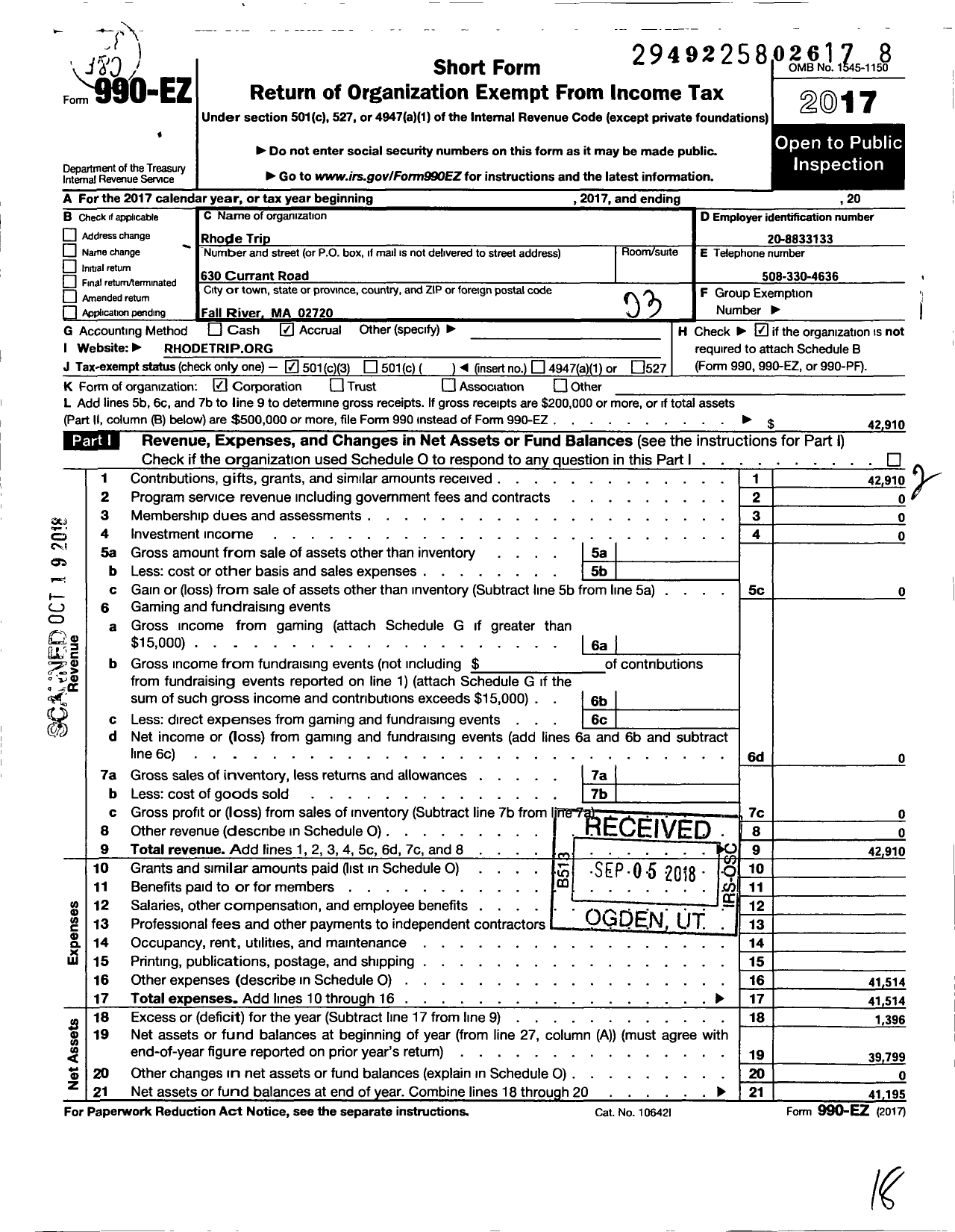 Image of first page of 2017 Form 990EZ for Rhode Trip