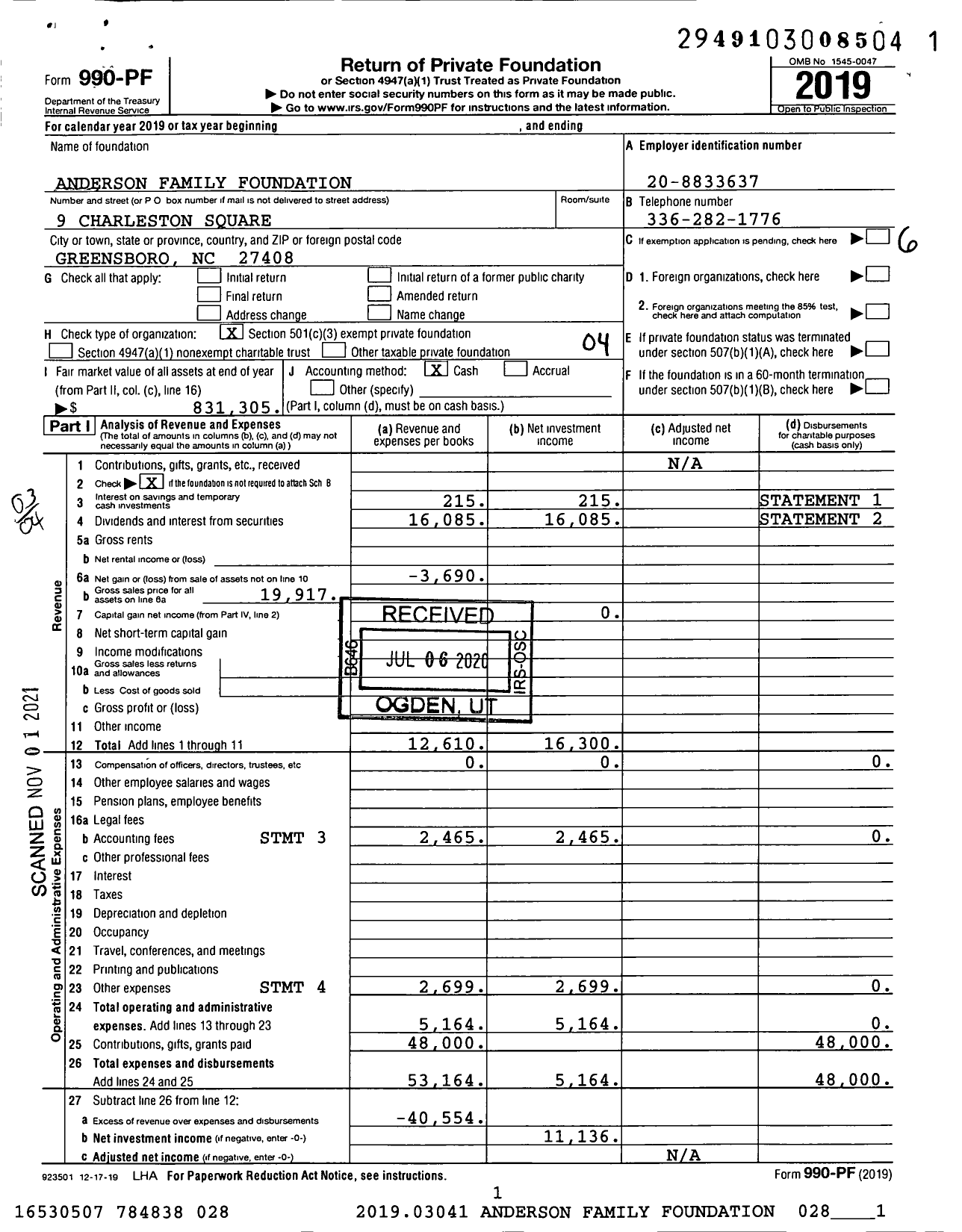 Image of first page of 2019 Form 990PF for Anderson Family Foundation