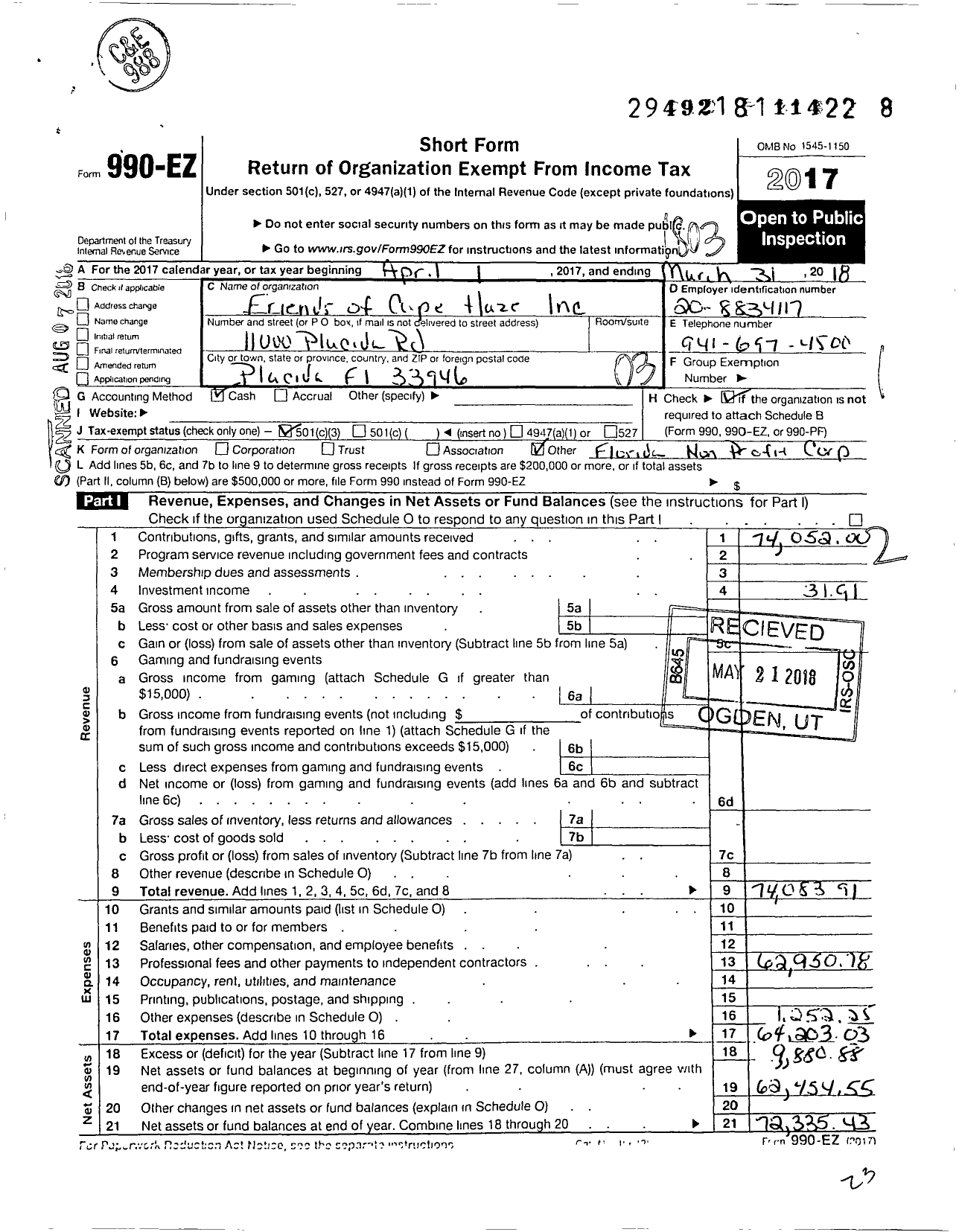 Image of first page of 2017 Form 990EZ for Friends of Cape Haze