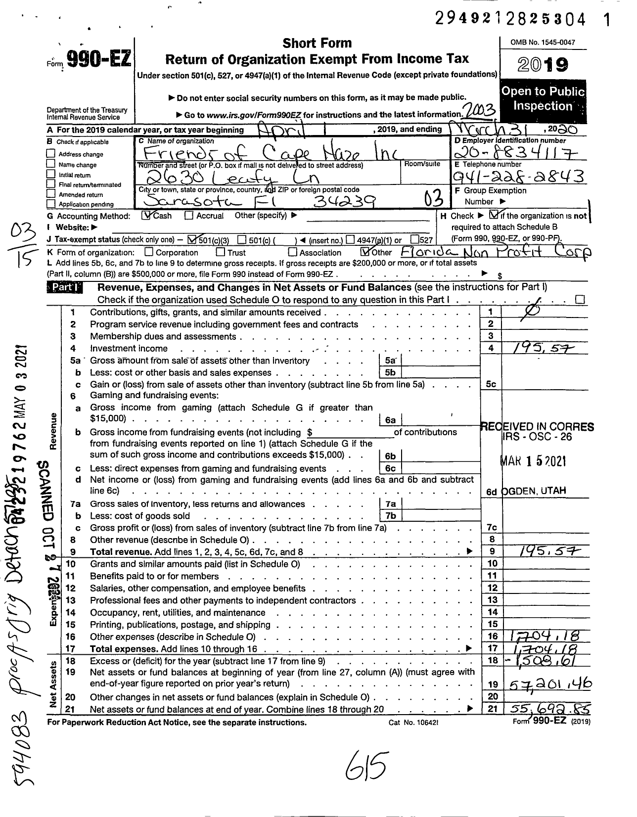 Image of first page of 2019 Form 990EZ for Friends of Cape Haze