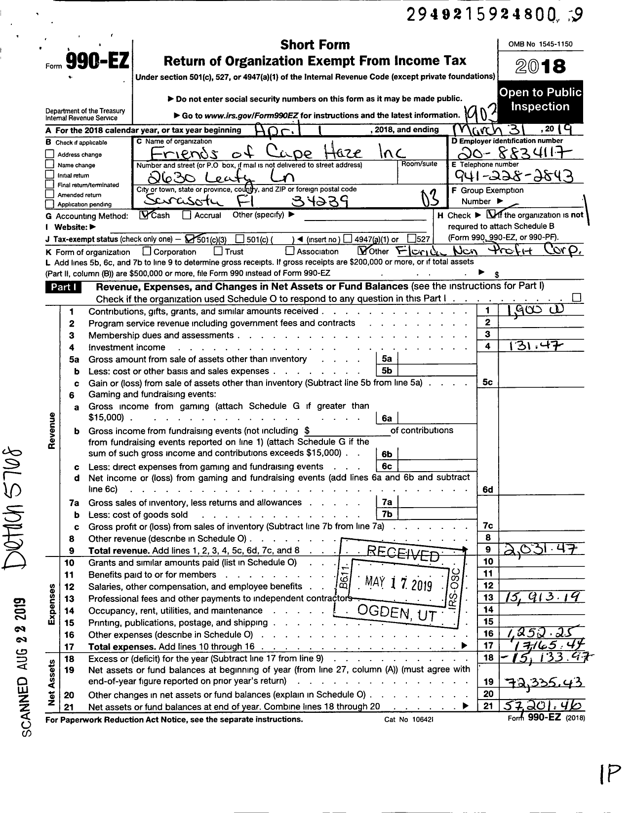 Image of first page of 2018 Form 990EZ for Friends of Cape Haze