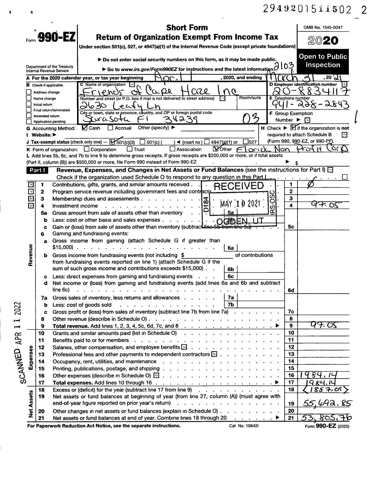 Image of first page of 2020 Form 990EZ for Friends of Cape Haze