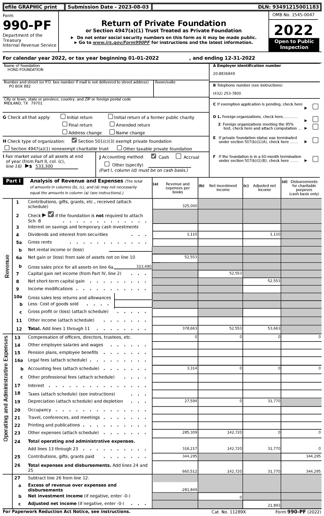 Image of first page of 2022 Form 990PF for Hord Foundation