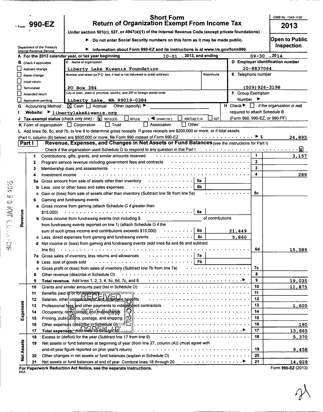 Image of first page of 2013 Form 990EZ for Liberty Lake Kiwanis Foundation