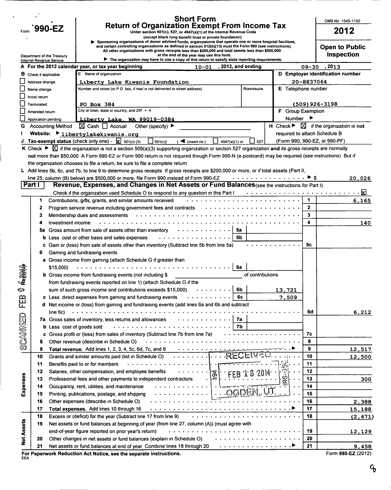 Image of first page of 2012 Form 990EZ for Liberty Lake Kiwanis Foundation