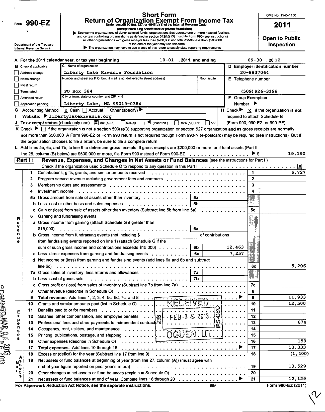 Image of first page of 2011 Form 990EZ for Liberty Lake Kiwanis Foundation