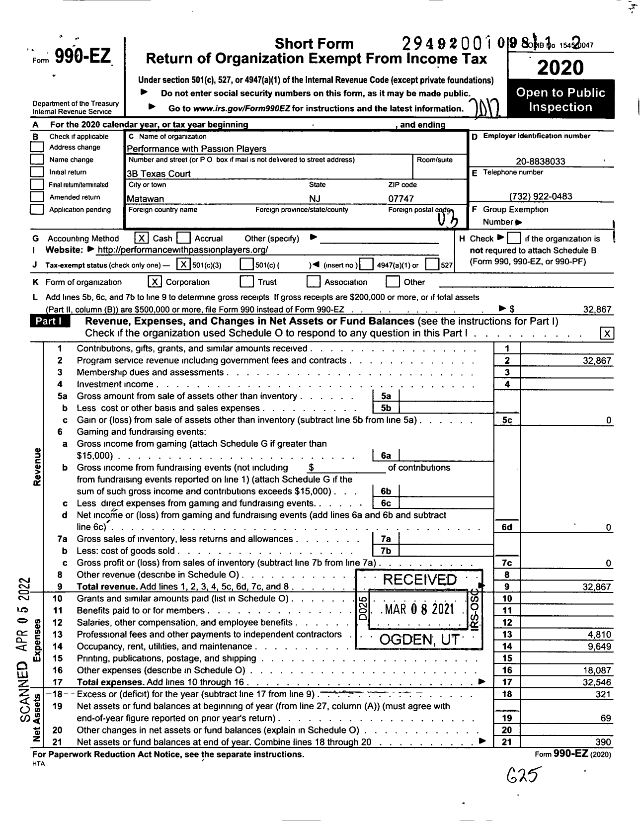 Image of first page of 2020 Form 990EZ for Performance with Passion Players