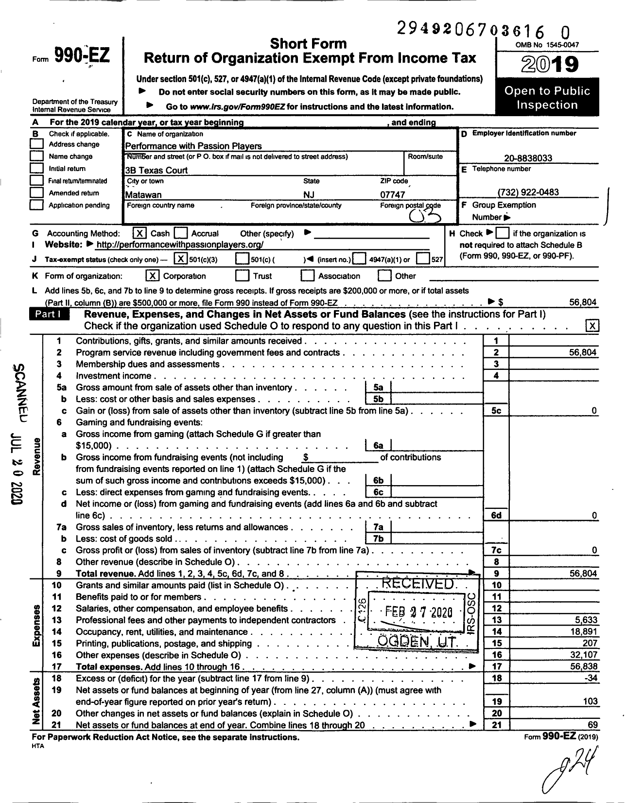 Image of first page of 2019 Form 990EZ for Performance with Passion Players